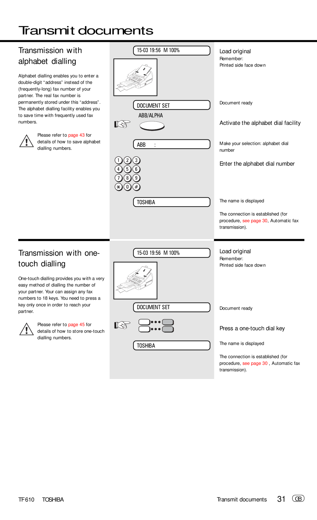 Toshiba TF 610 manual Transmission with one- touch dialling, 31 GB, Transmission with alphabet dialling 