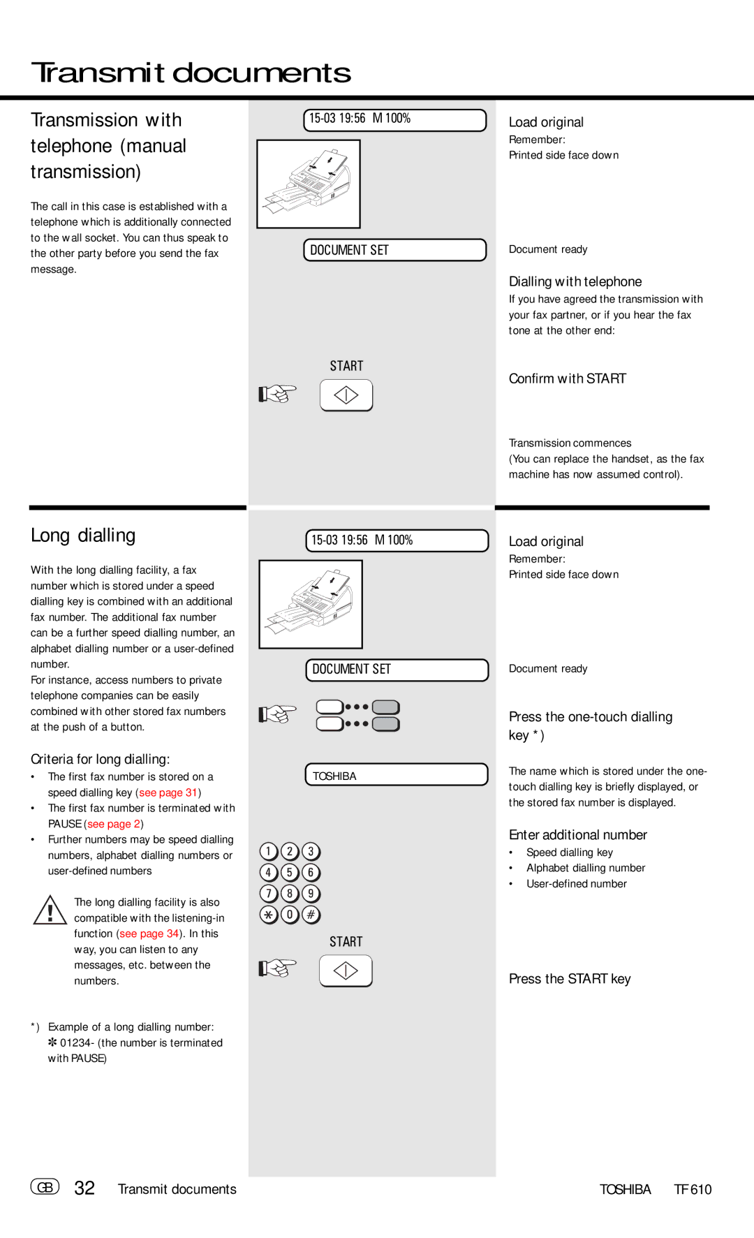 Toshiba TF 610 Long dialling, Transmission with telephone manual transmission 