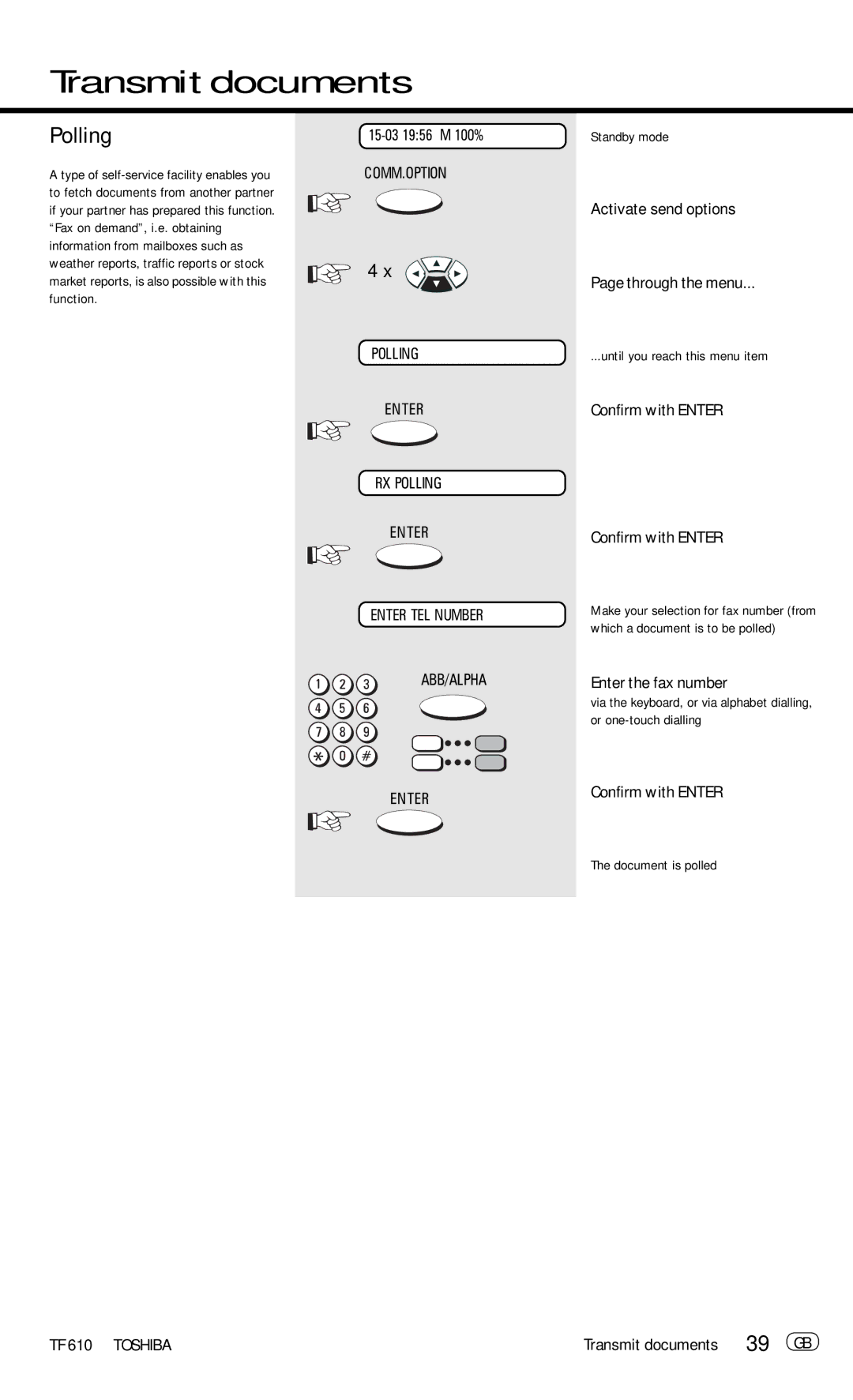 Toshiba TF 610 manual Polling, 39 GB, Enter the fax number, Document is polled 