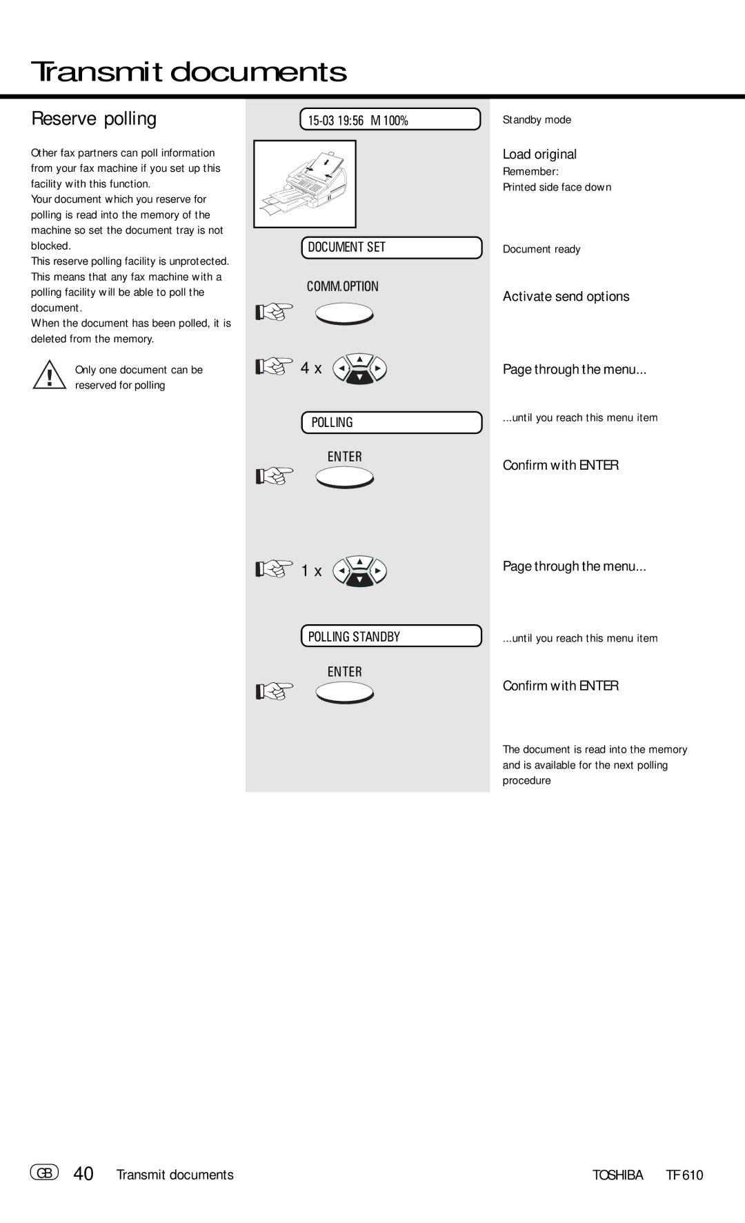 Toshiba TF 610 manual Reserve polling, GB 40 Transmit documents 