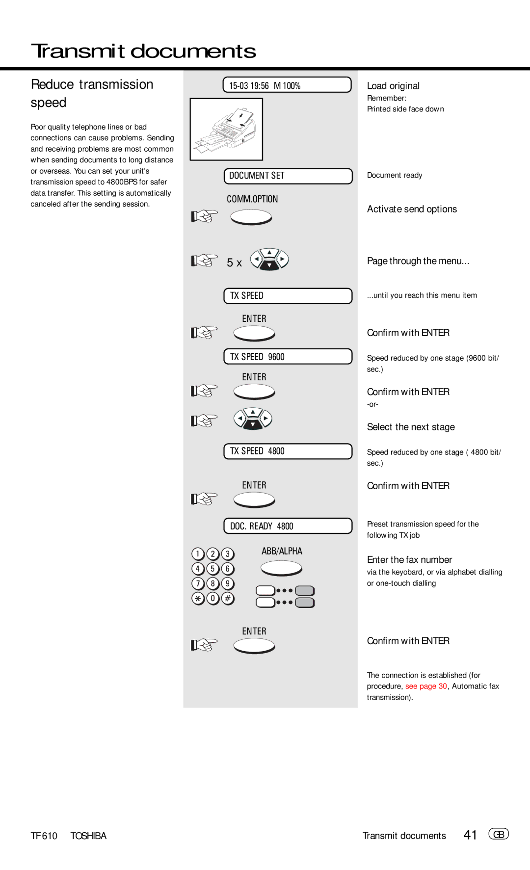 Toshiba TF 610 manual 41 GB, Confirm with Enter Select the next stage, Speed reduced by one stage 9600 bit/ sec 