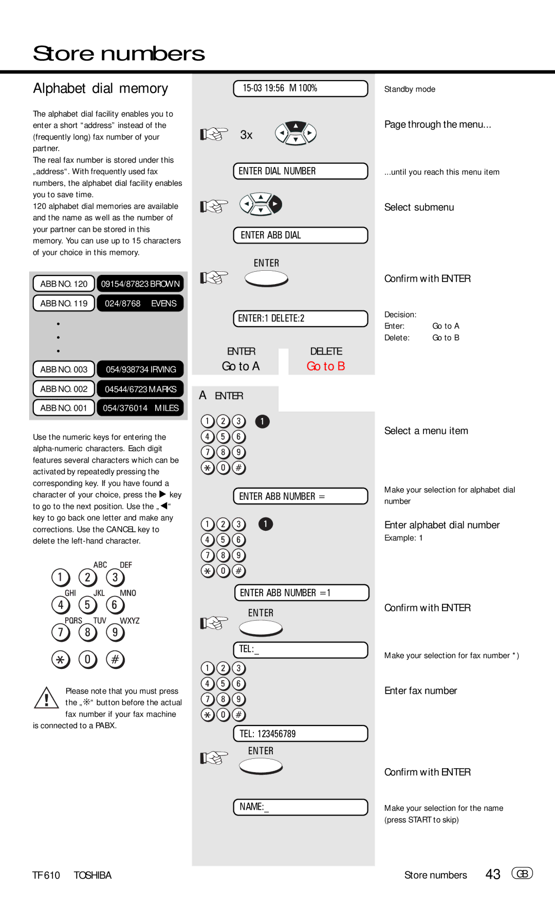 Toshiba TF 610 manual Store numbers, Alphabet dial memory, 43 GB 