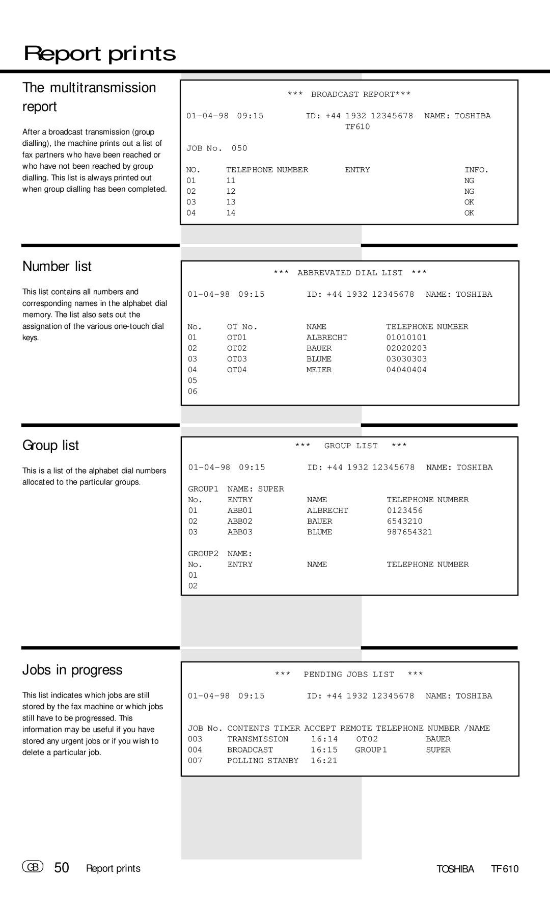 Toshiba TF 610 manual Number list, Group list, Jobs in progress, Multitransmission report, GB 50 Report prints 