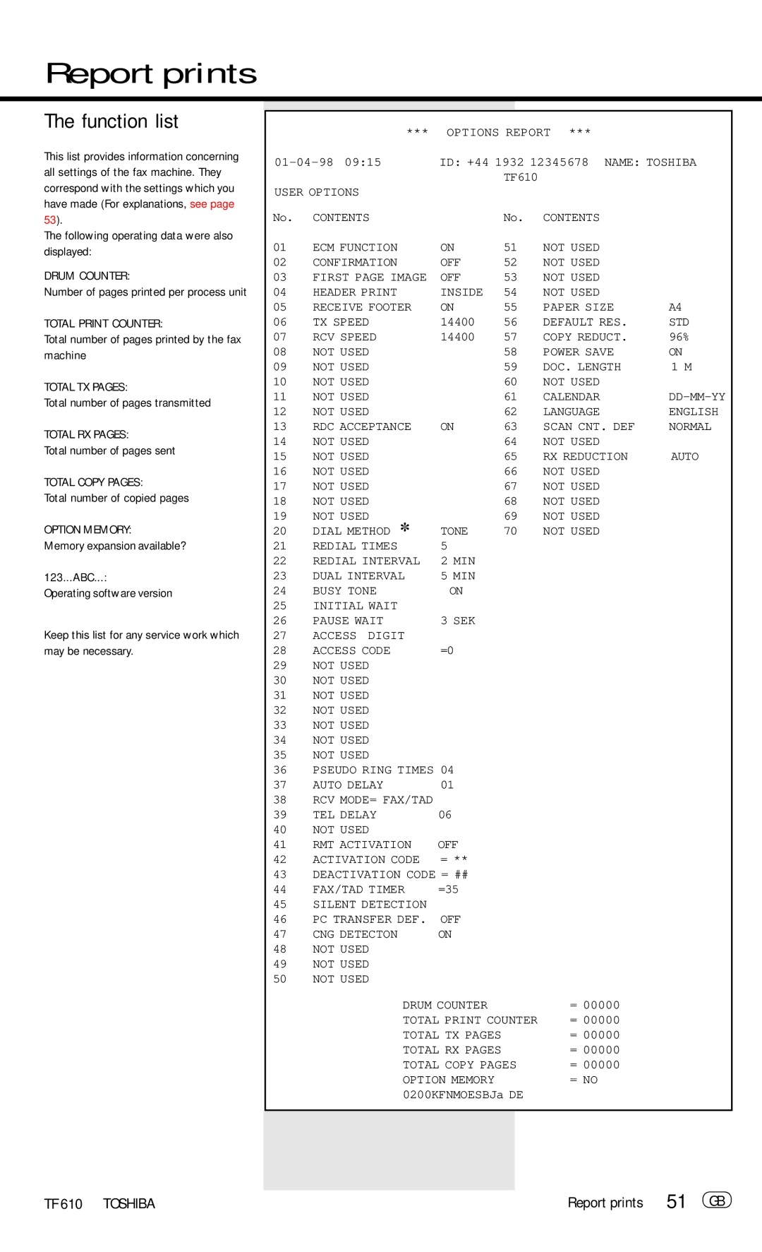 Toshiba TF 610 manual Function list, Report prints 51 GB 