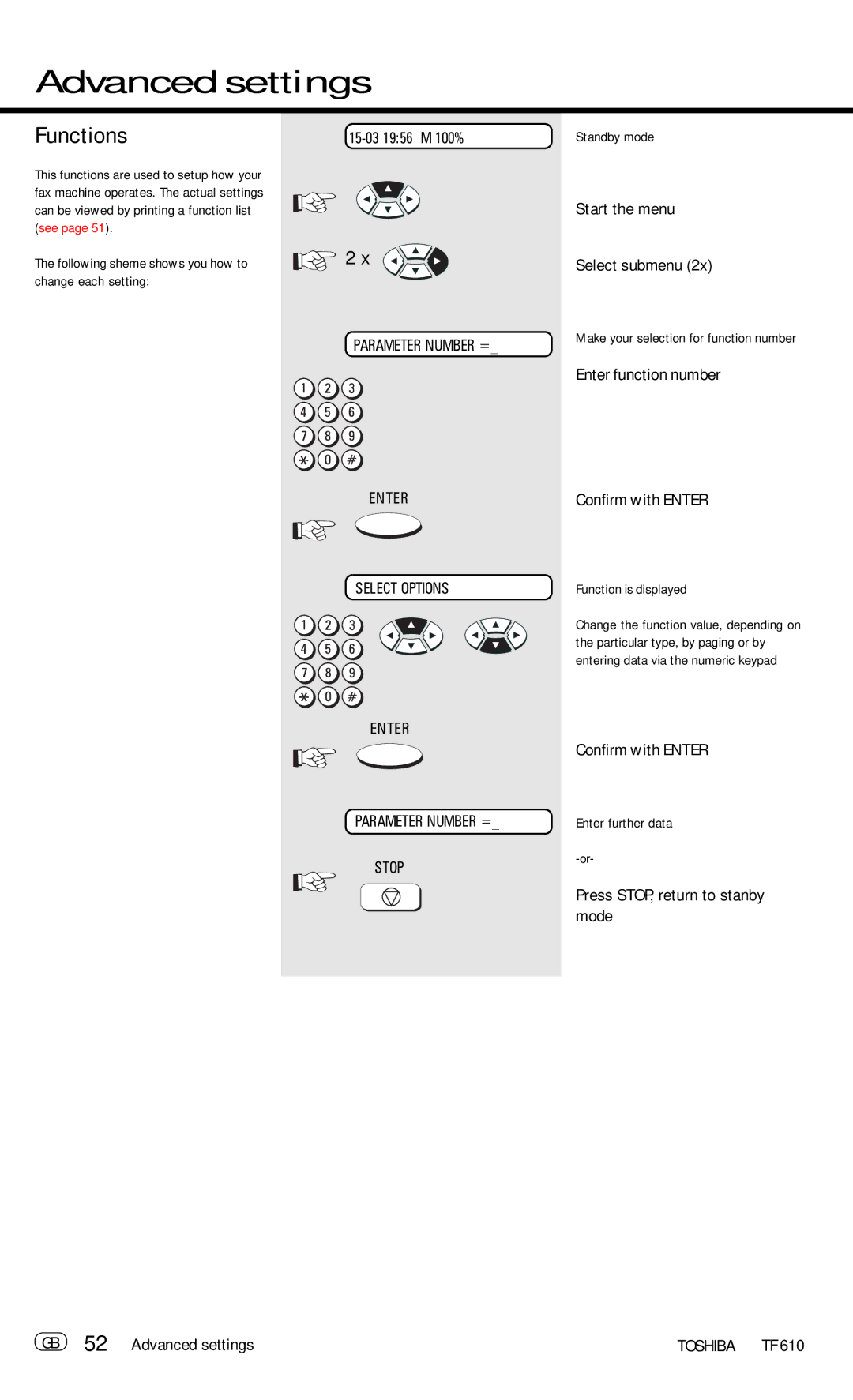 Toshiba TF 610 manual Functions, Press STOP, return to stanby mode GB 52 Advanced settings 