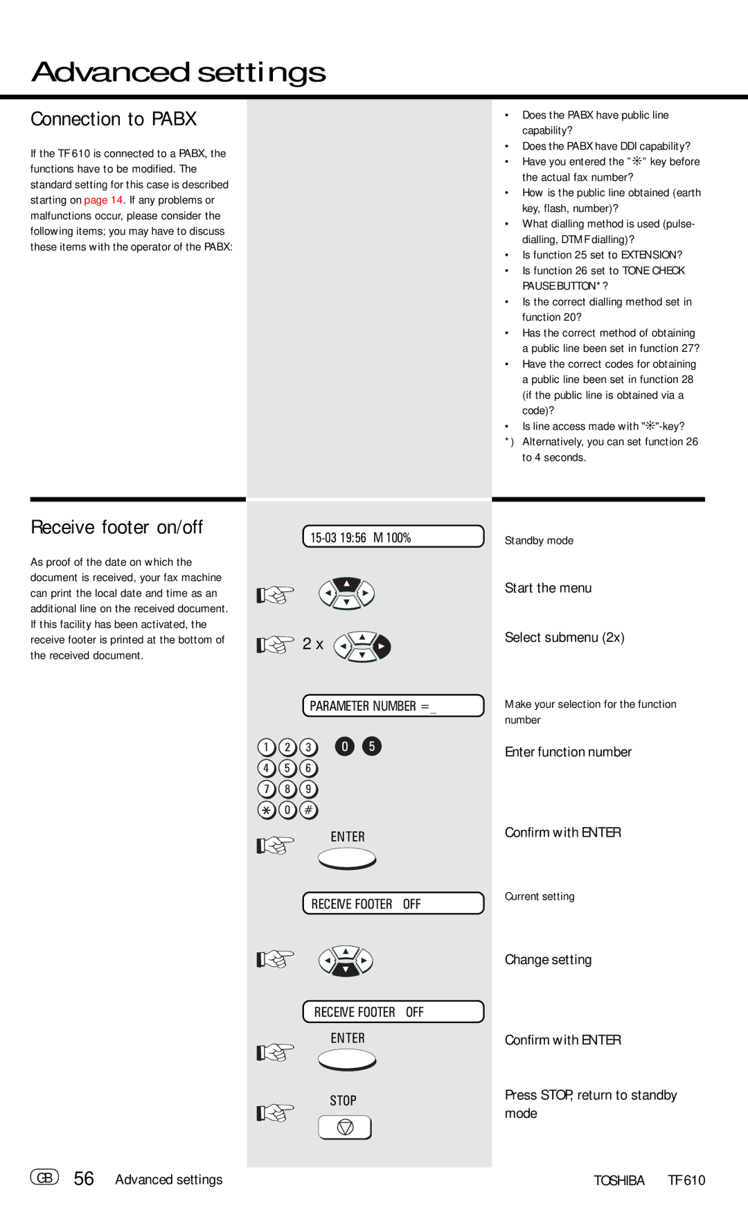 Toshiba TF 610 manual Connection to Pabx, Receive footer on/off, Make your selection for the function number 