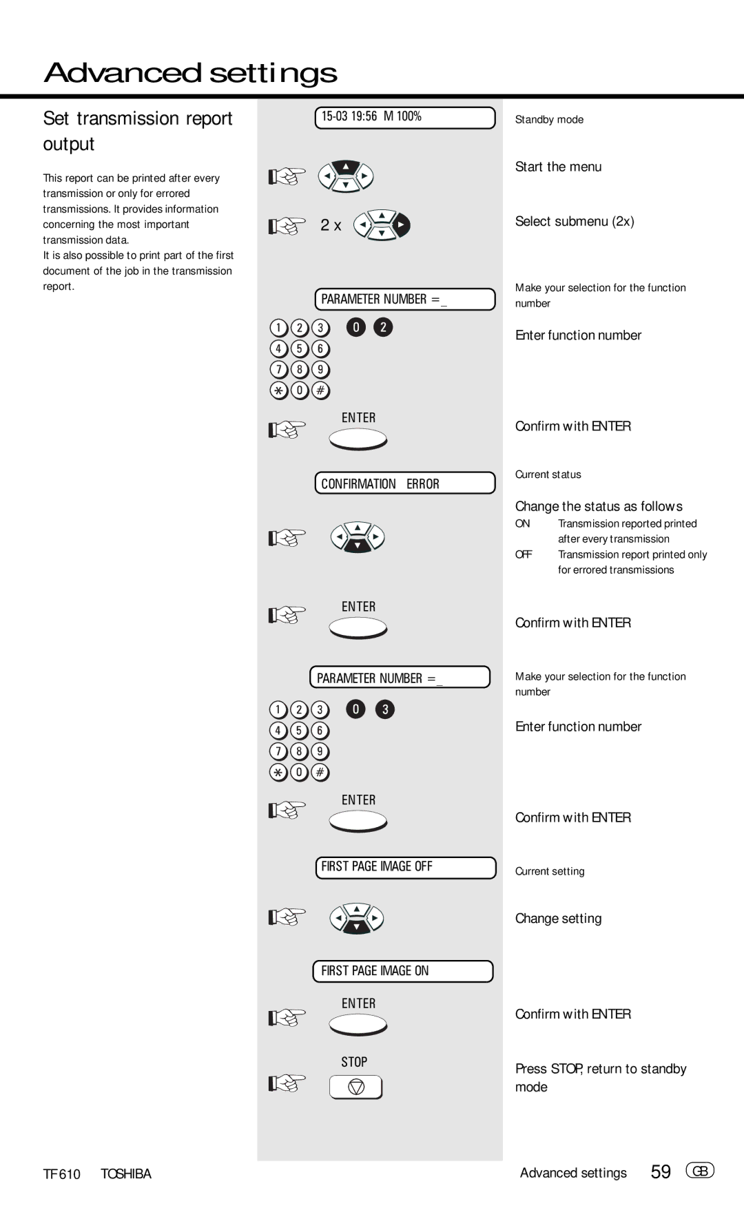 Toshiba TF 610 manual Set transmission report output, 59 GB, Change the status as follows, Current status 