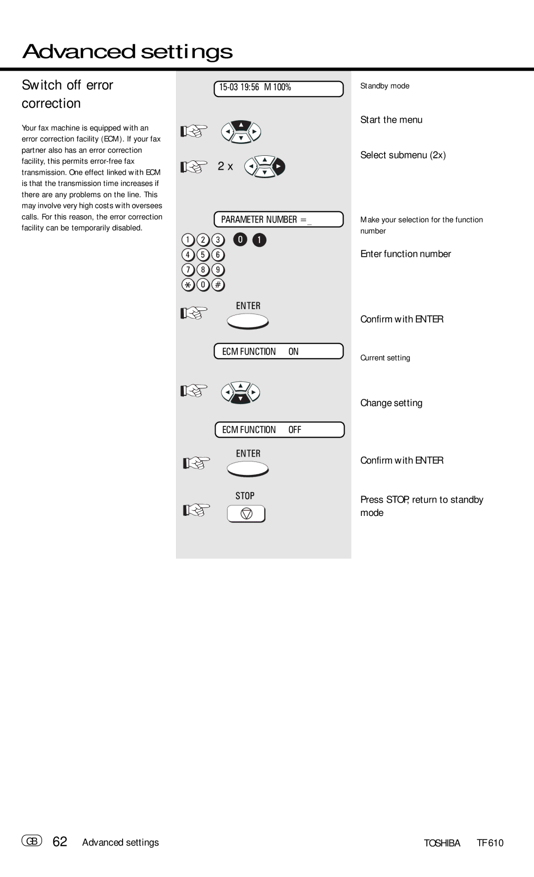 Toshiba TF 610 manual Switch off error correction 