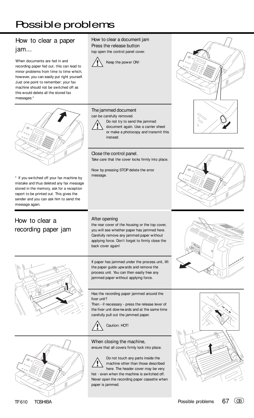 Toshiba TF 610 manual How to clear a paper Jam, Recording paper jam, 67 GB 