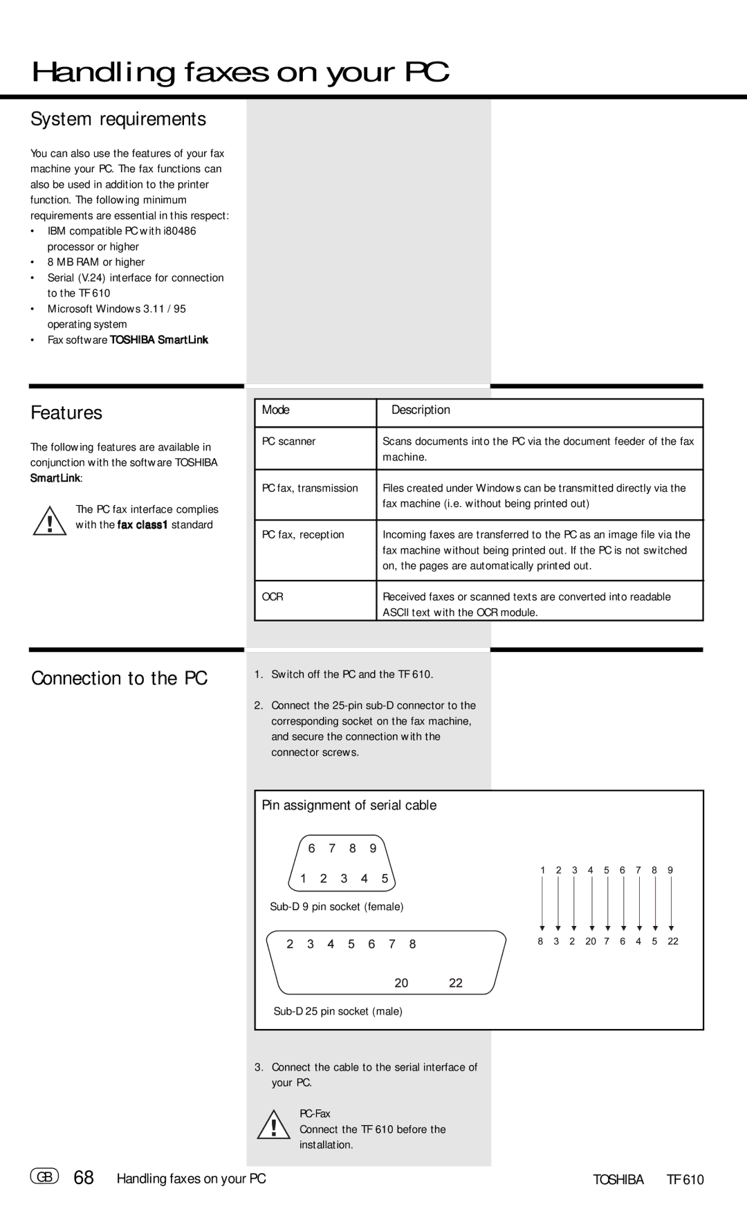 Toshiba TF 610 manual Handling faxes on your PC, System requirements, Features, Connection to the PC 