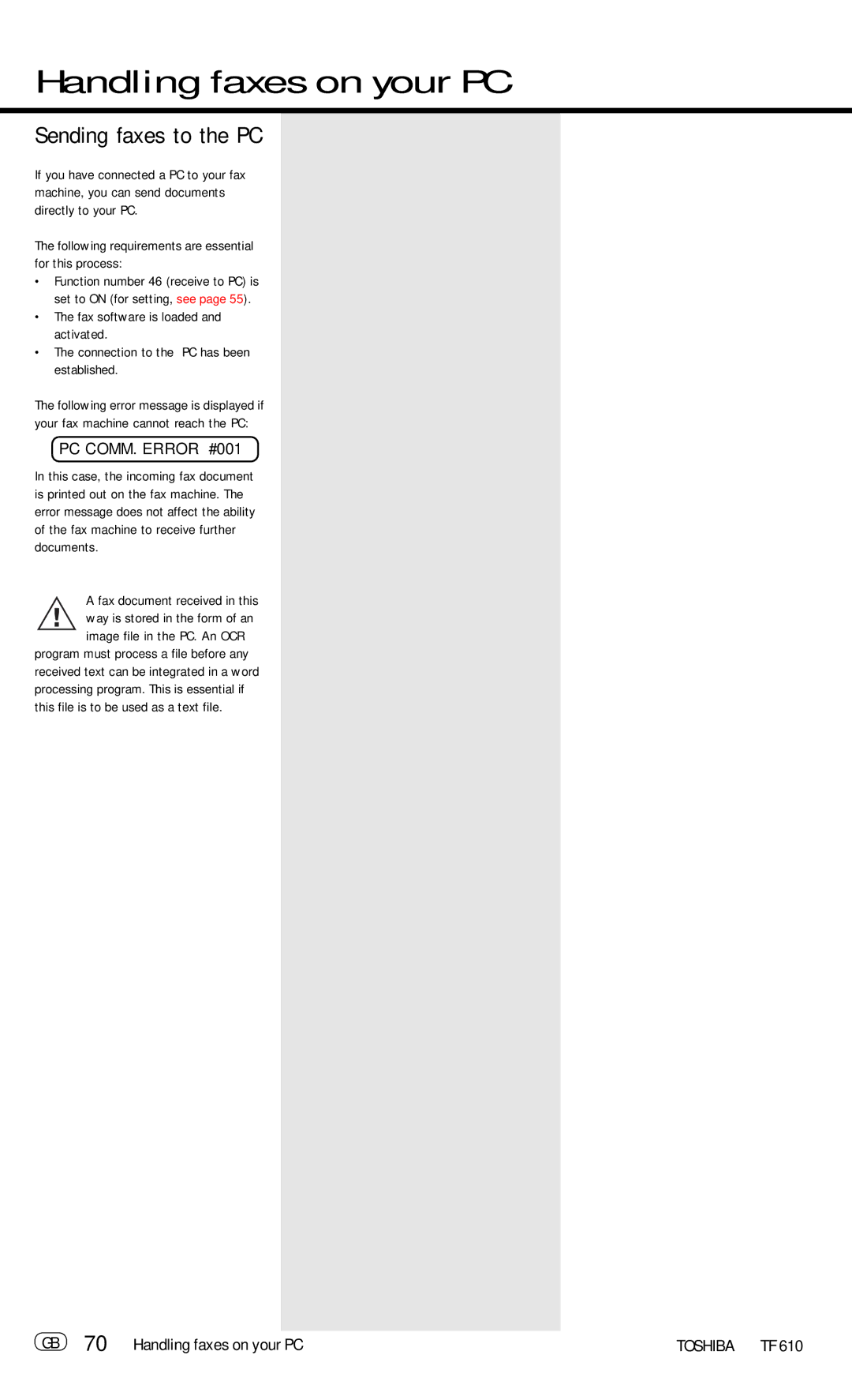 Toshiba TF 610 manual Sending faxes to the PC, GB 70 Handling faxes on your PC 