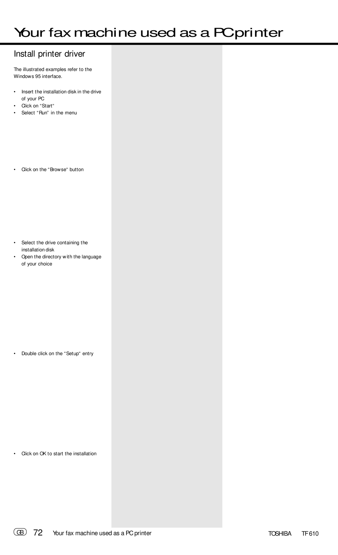 Toshiba TF 610 manual Install printer driver, GB 72 Your fax machine used as a PC printer 