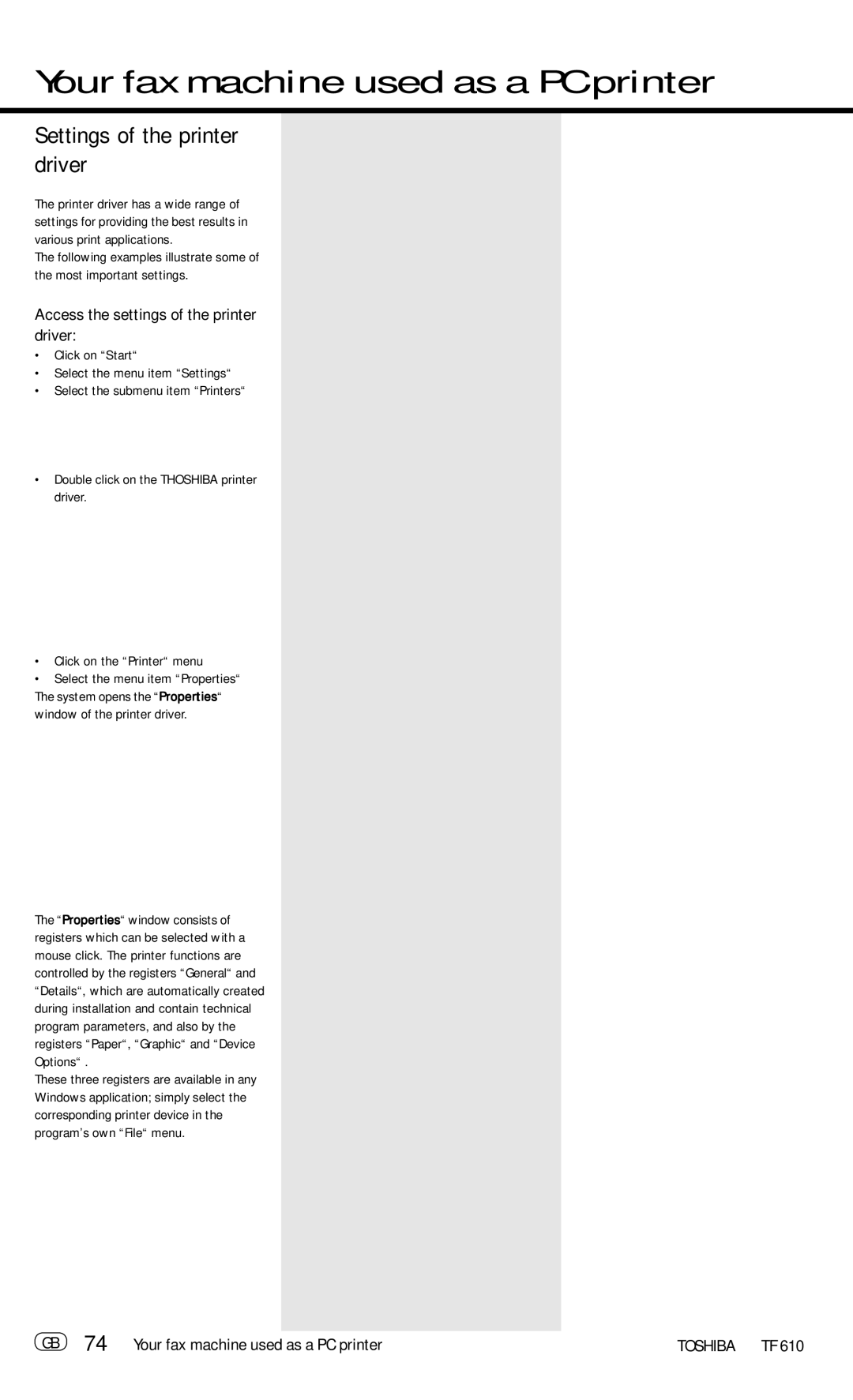 Toshiba TF 610 manual Settings of the printer driver, Access the settings of the printer driver 