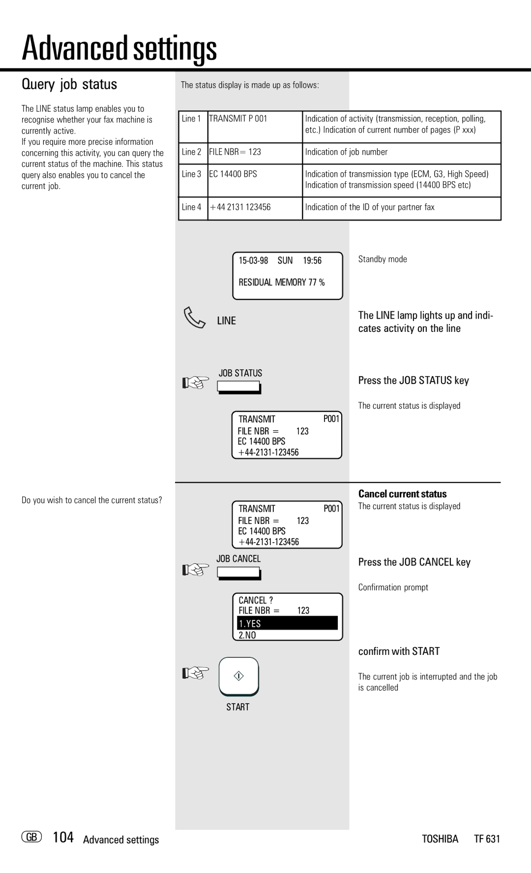 Toshiba TF 631 manual Query job status, Cancel current status, GB 104 Advanced settings 