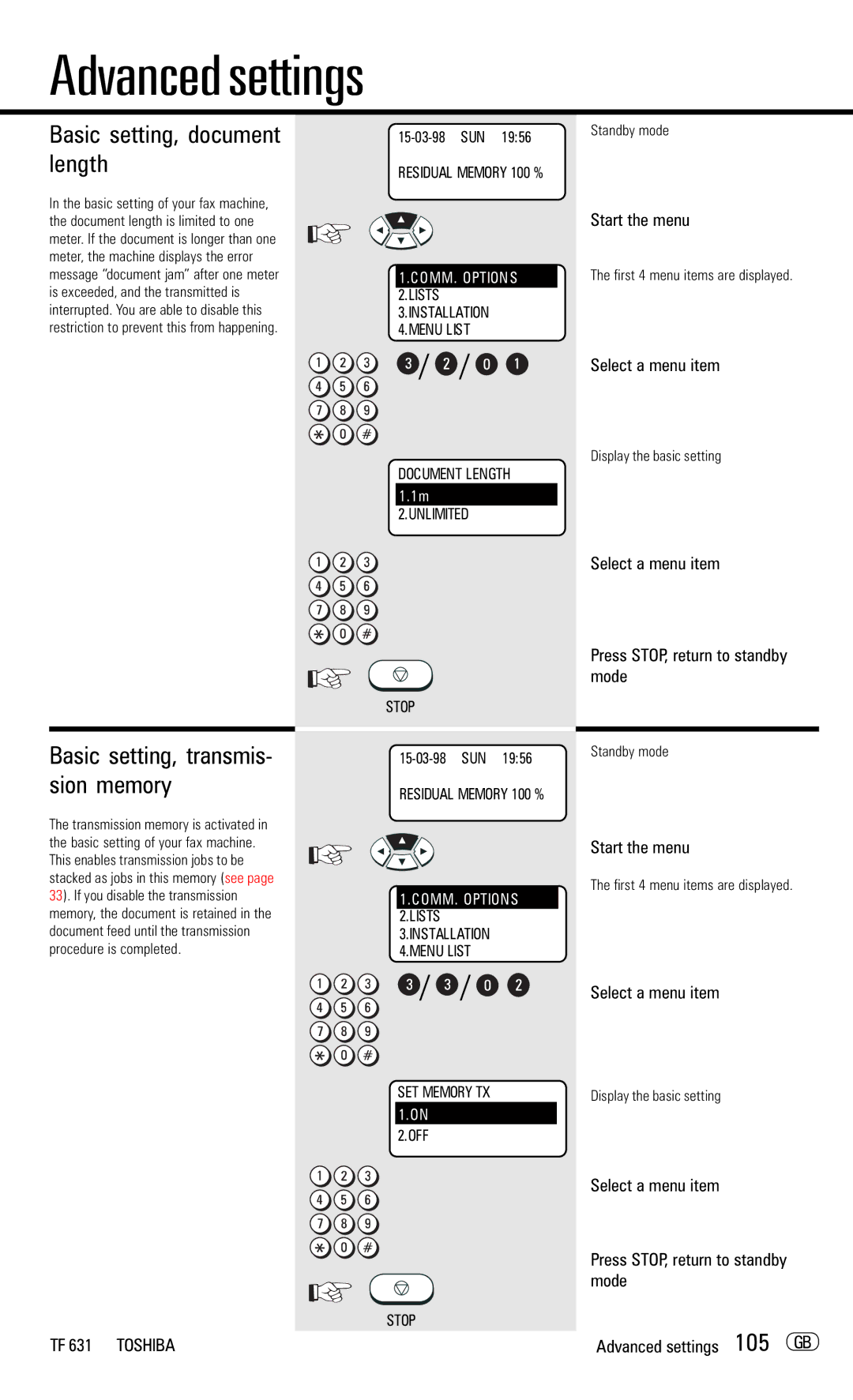 Toshiba TF 631 manual Basic setting, document length, Basic setting, transmis- sion memory, Display the basic setting 