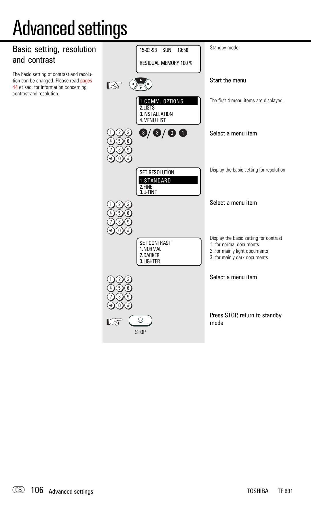 Toshiba TF 631 manual Basic setting, resolution and contrast, Display the basic setting for resolution 