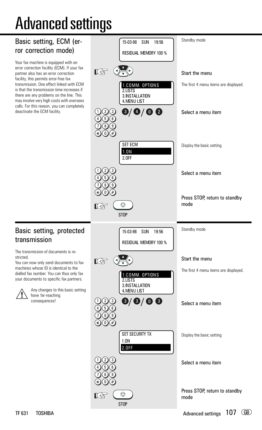 Toshiba TF 631 manual Basic setting, ECM er- ror correction mode, Basic setting, protected transmission 