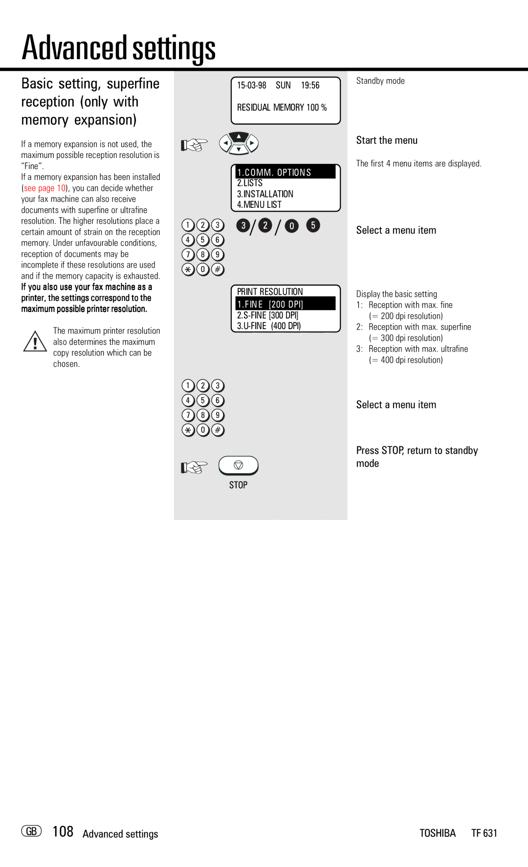 Toshiba TF 631 manual Print Resolution 