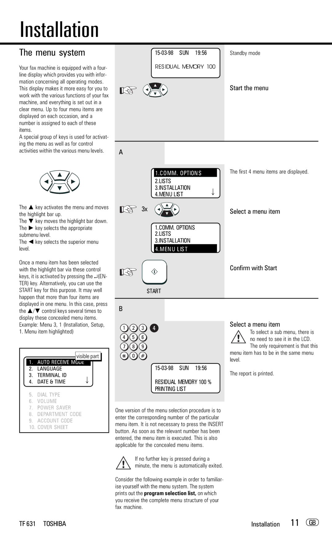 Toshiba TF 631 manual Installation, Menu system 