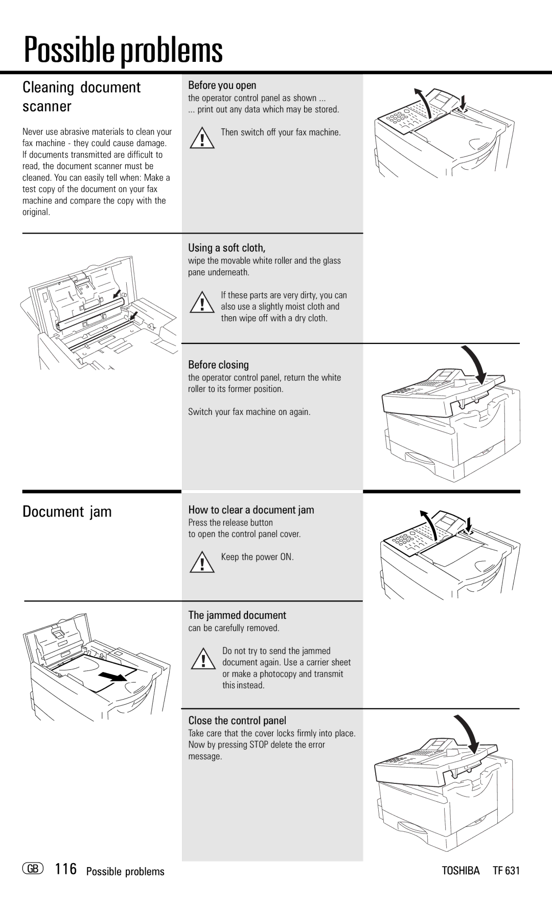 Toshiba TF 631 manual Document jam, Cleaning document scanner 