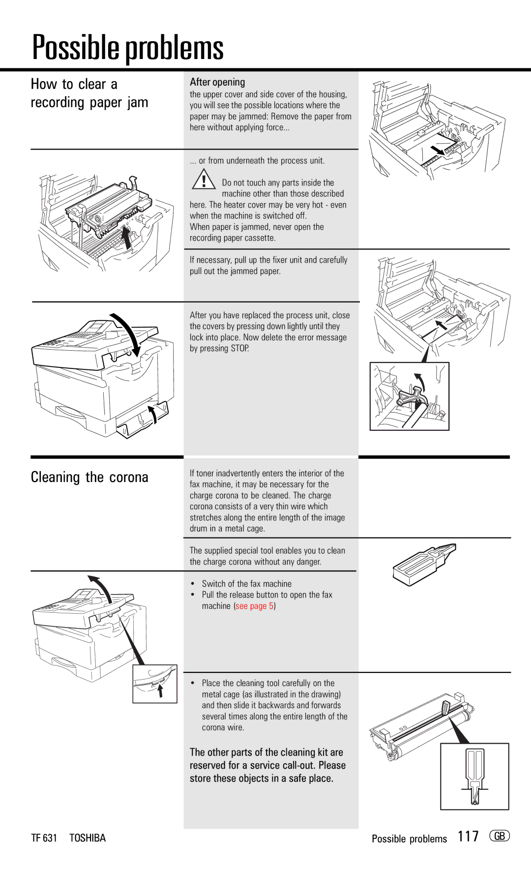 Toshiba TF 631 manual How to clear a, Recording paper jam, Cleaning the corona, After opening 