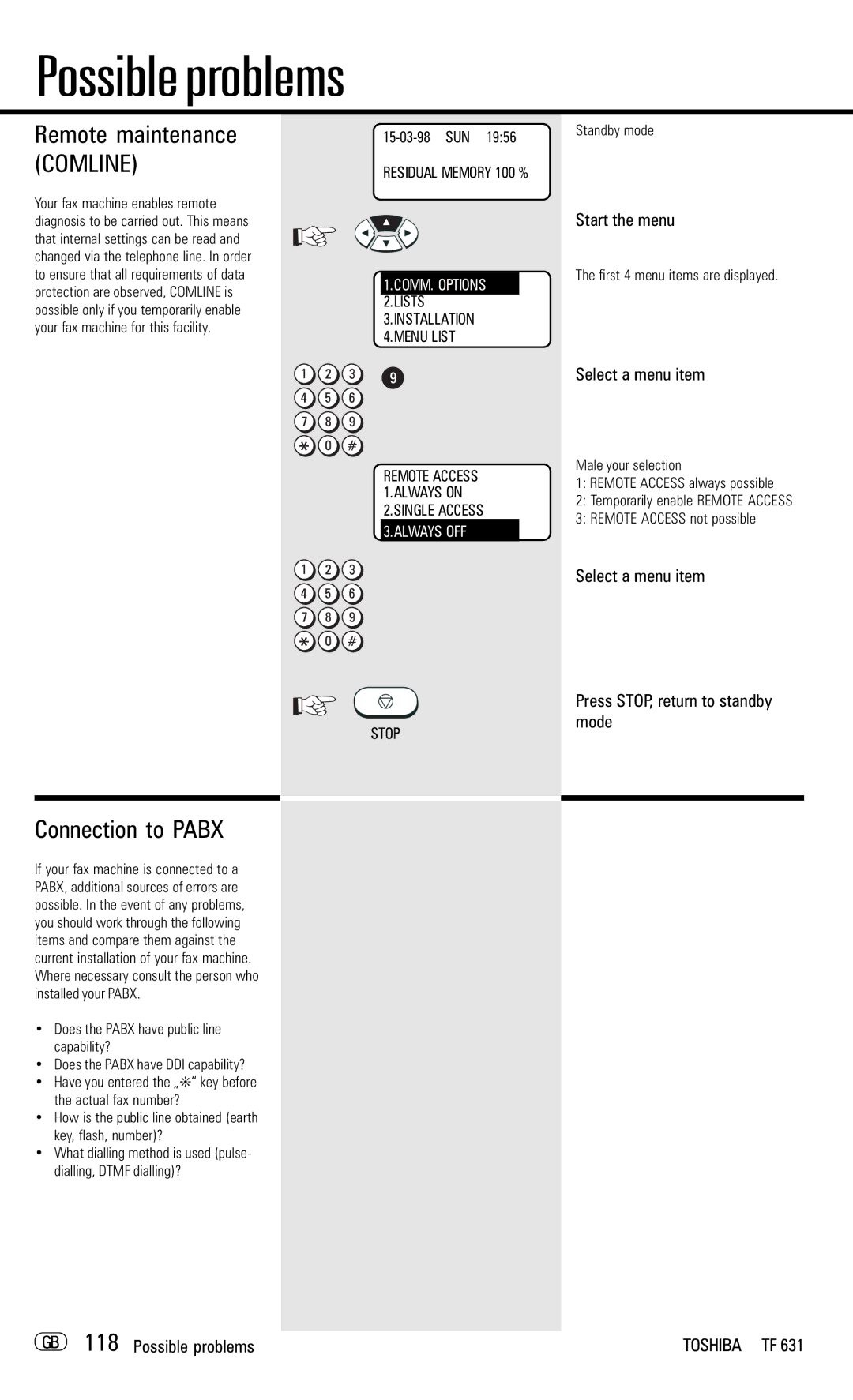 Toshiba TF 631 manual Connection to Pabx, Remote maintenance Comline, GB 118 Possible problems 