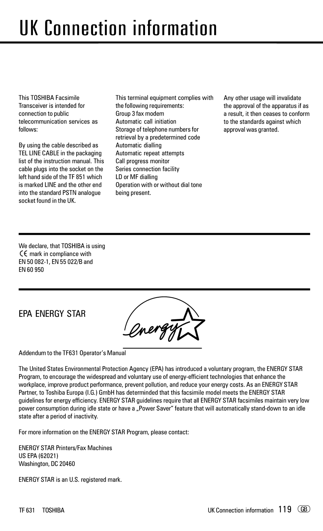 Toshiba TF 631 manual UK Connection information 