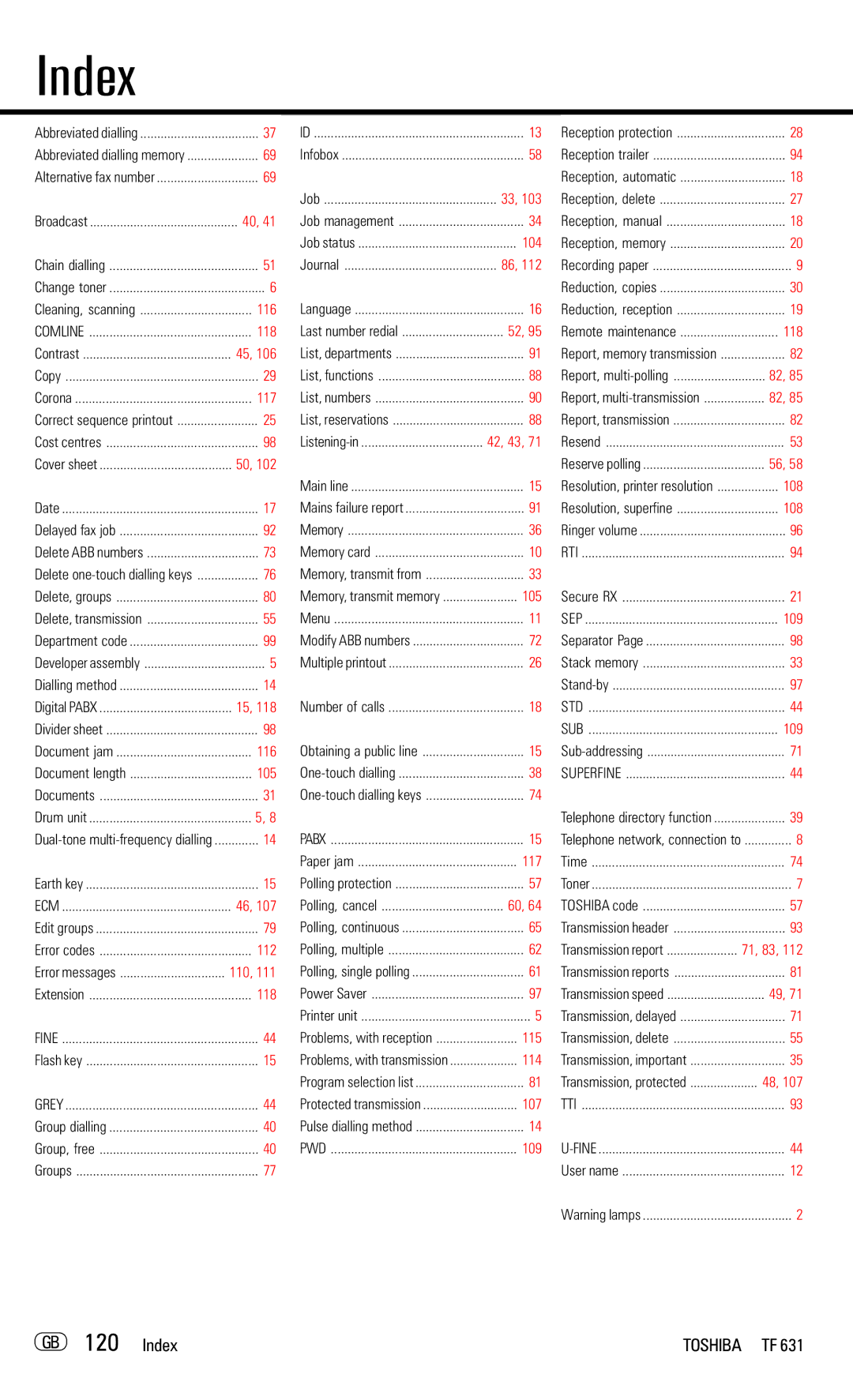 Toshiba TF 631 manual GB 120 Index 