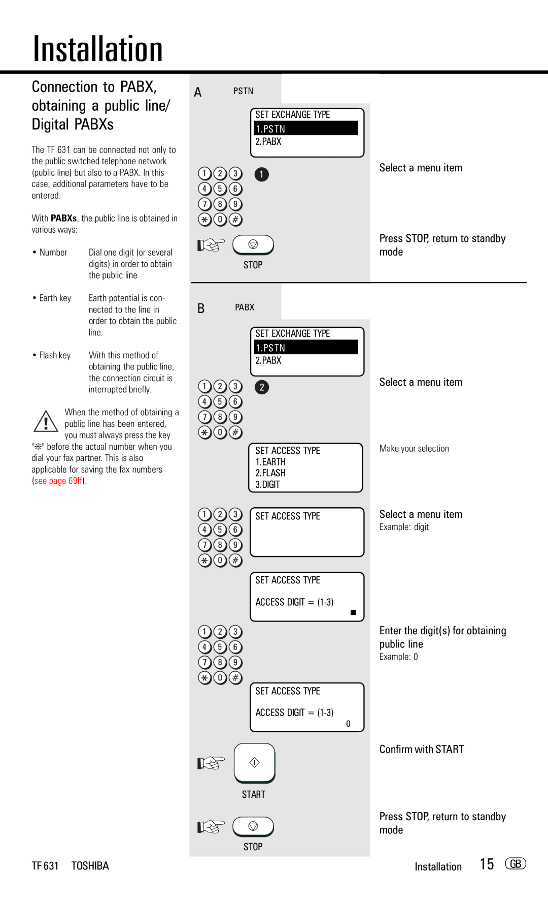 Toshiba TF 631 manual Select a menu item Press STOP, return to standby mode, Enter the digits for obtaining public line 