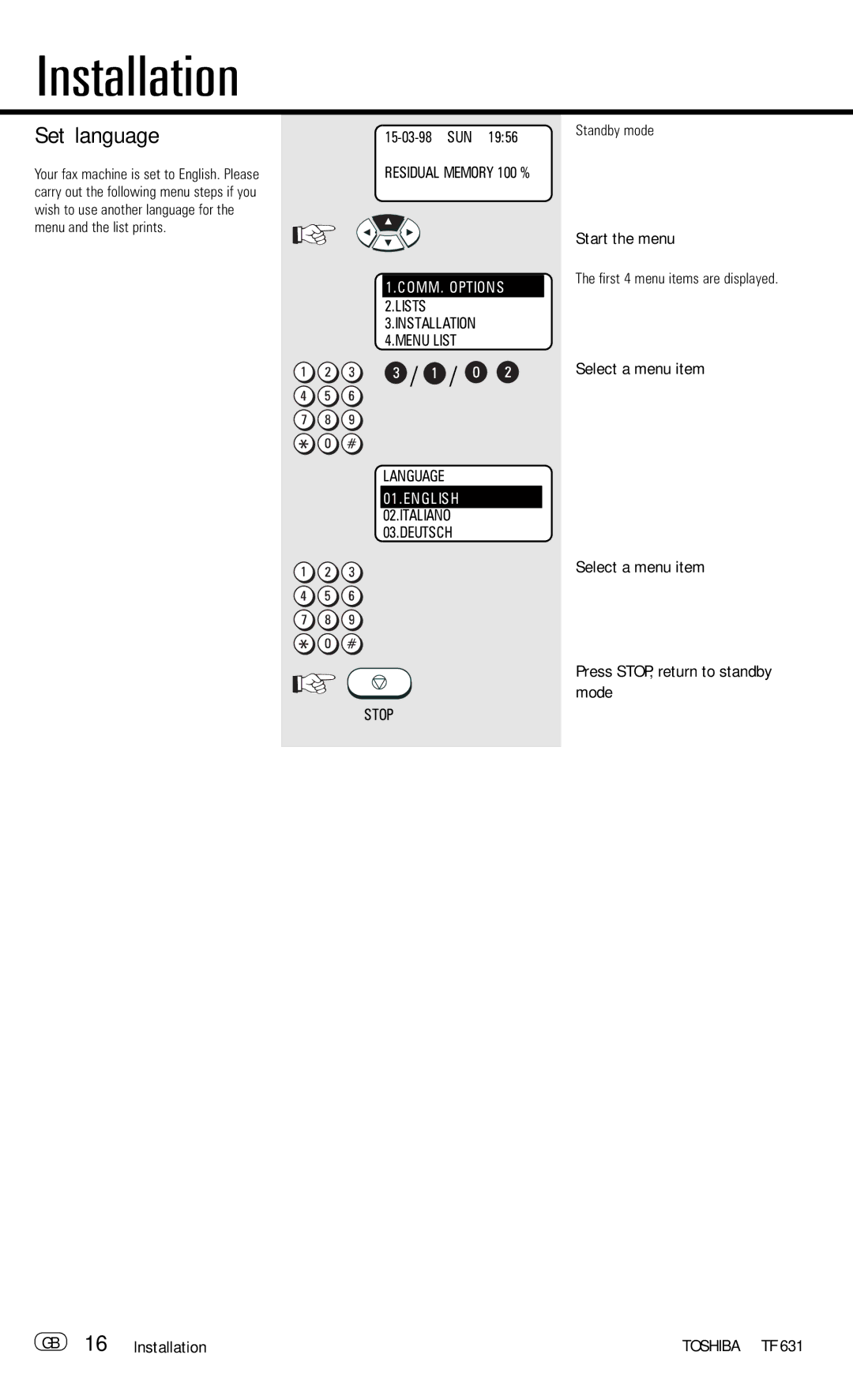 Toshiba TF 631 manual Set language, GB 16 Installation 