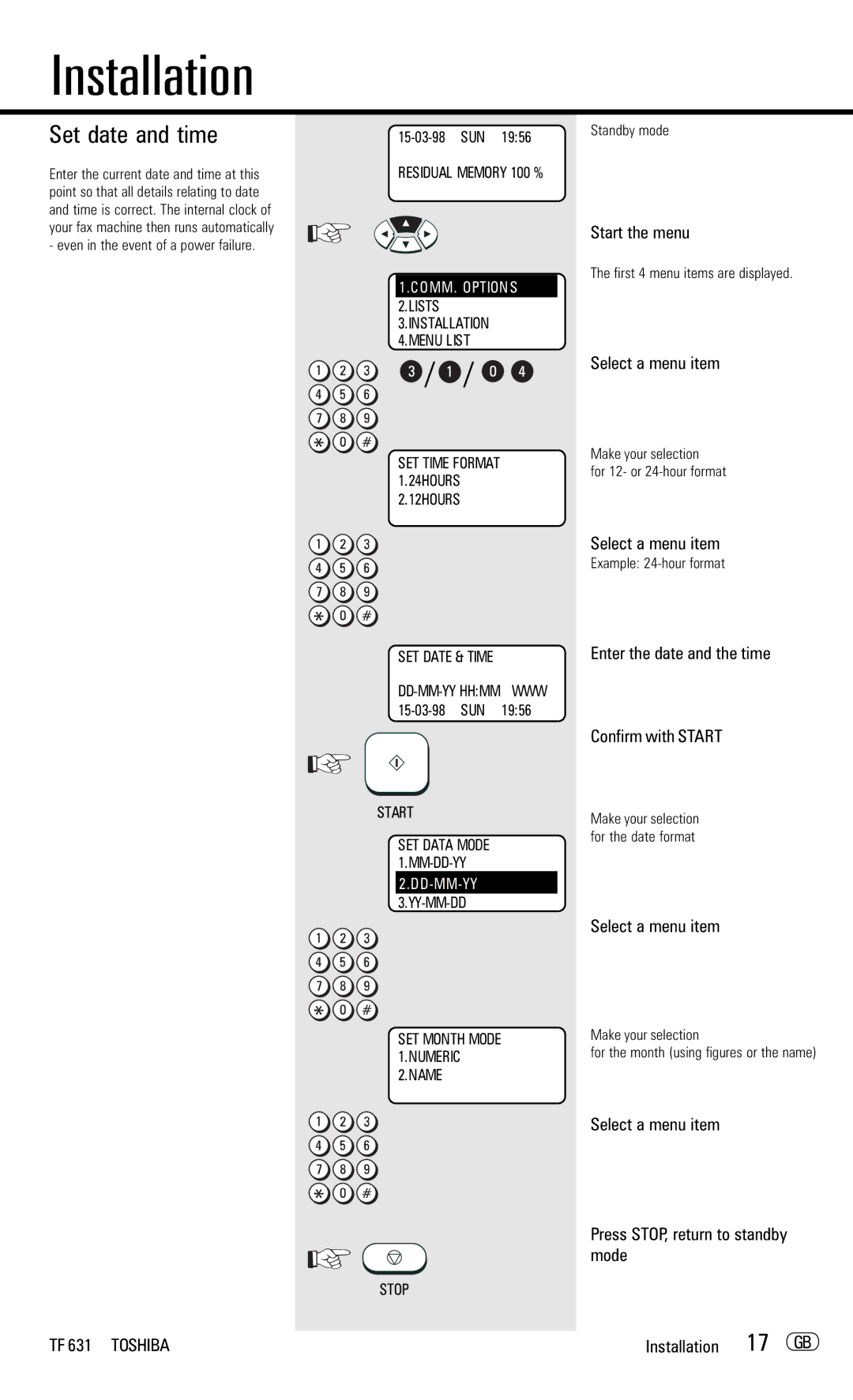 Toshiba TF 631 manual Set date and time, Enter the date and the time Confirm with Start, Installation 17 GB 