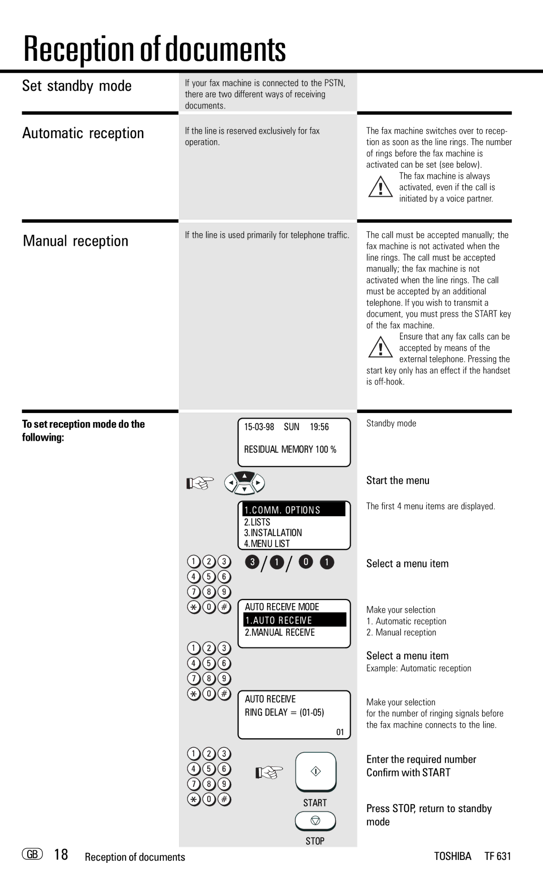 Toshiba TF 631 manual Reception of documents, Set standby mode, Automatic reception, Manual reception 