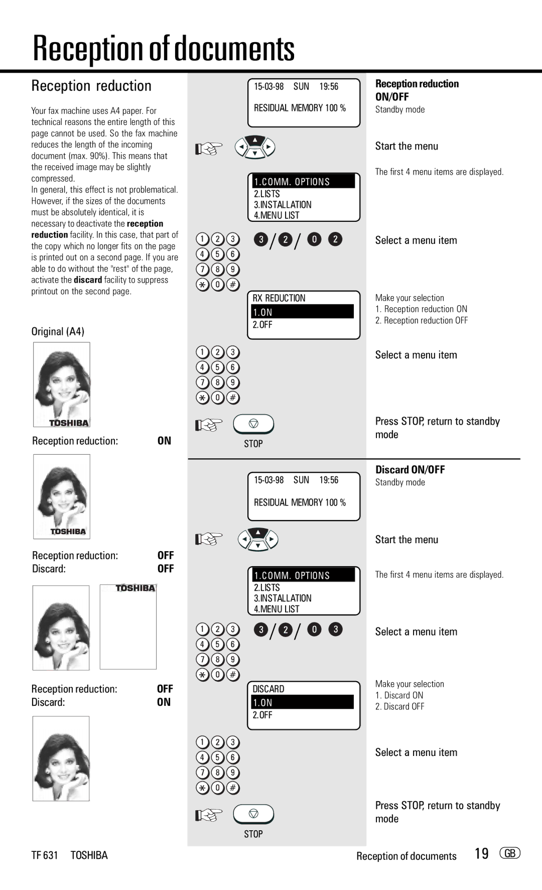 Toshiba TF 631 manual Reception reduction, 19 GB, Discard ON/OFF 