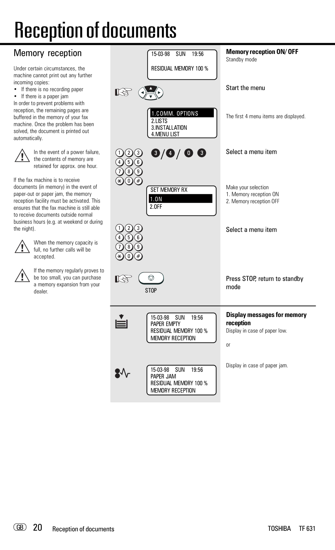 Toshiba TF 631 manual Memory reception ON/ OFF, Display messages for memory reception, Press STOP, return to standby 