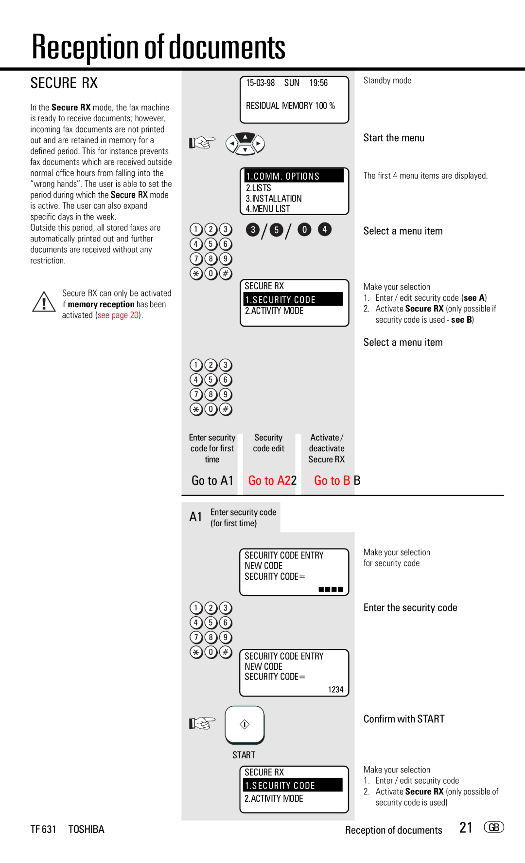 Toshiba TF 631 manual 21 GB, Go to A1, Enter the security code 