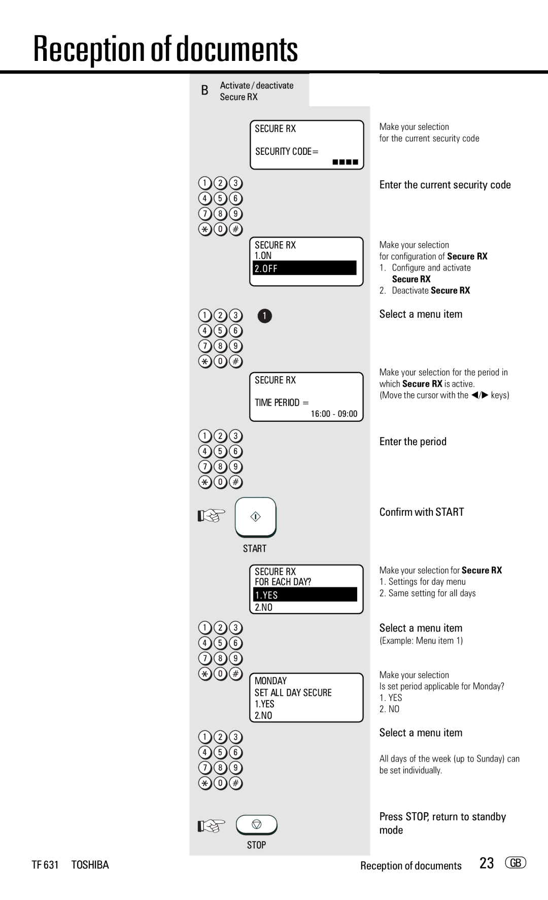 Toshiba TF 631 manual 23 GB, Enter the current security code, Enter the period Confirm with Start 