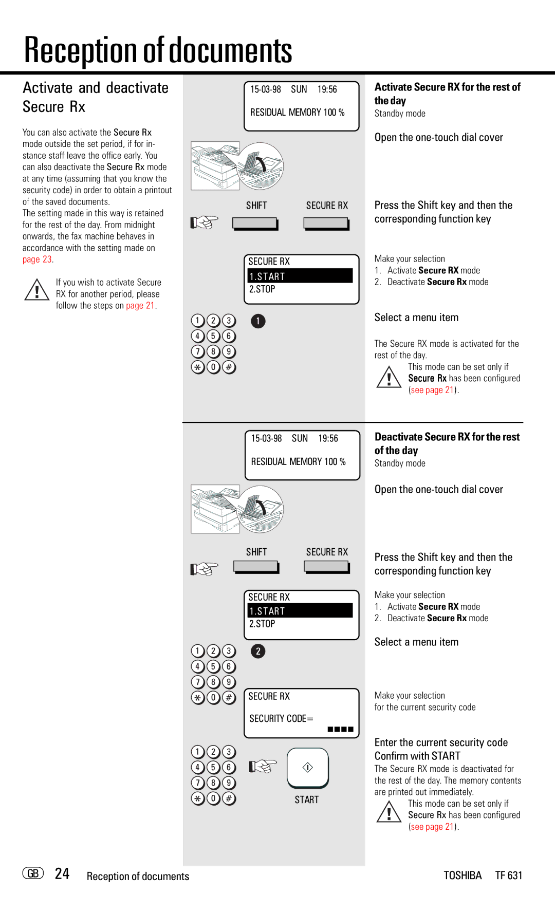 Toshiba TF 631 manual Day, Open the one-touch dial cover, Corresponding function key, GB 24 Reception of documents 