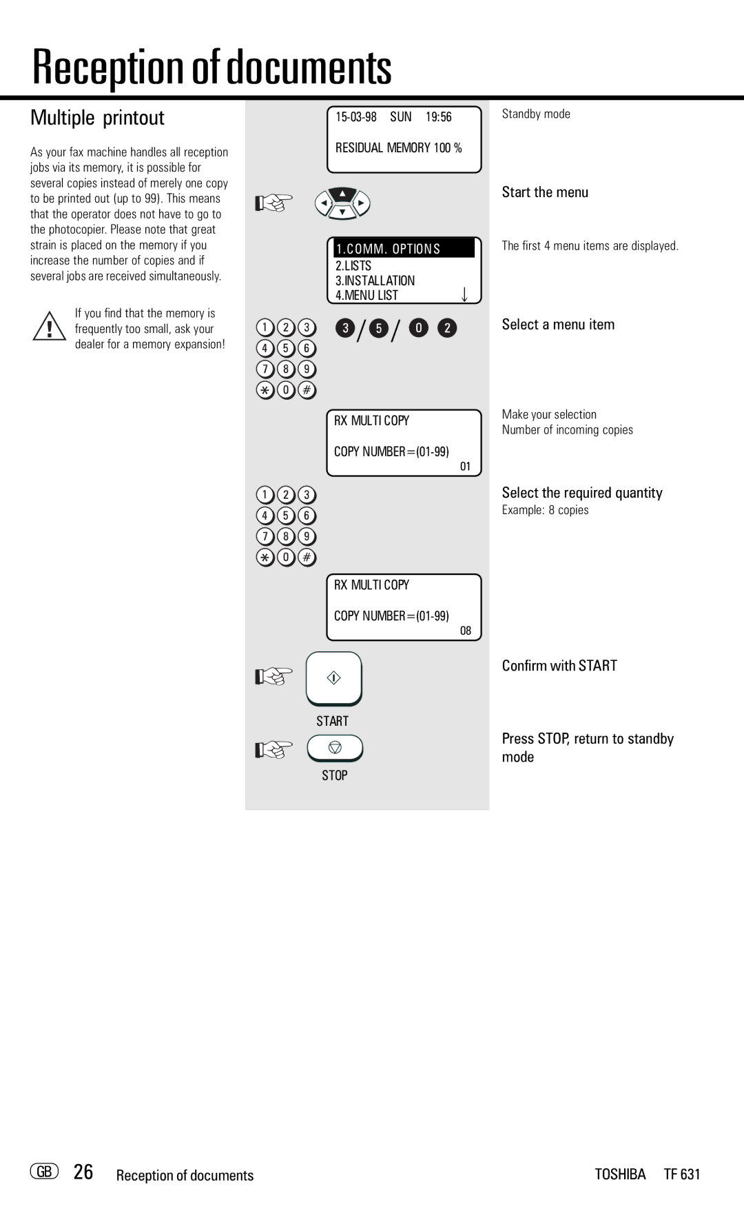 Toshiba TF 631 manual Multiple printout, Select the required quantity, Make your selection Number of incoming copies 