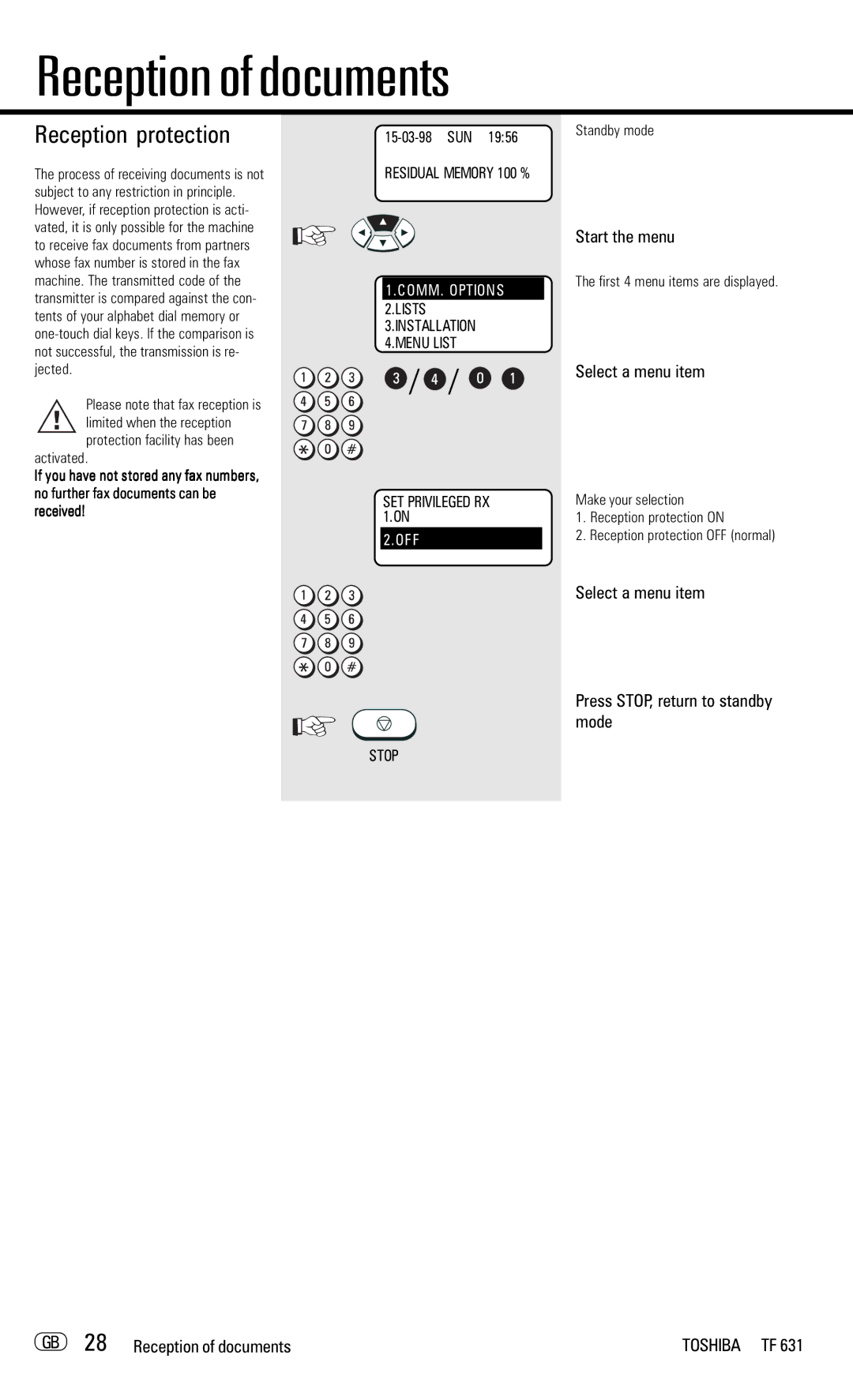 Toshiba TF 631 manual Reception protection, GB 28 Reception of documents, Protection facility has been activated 