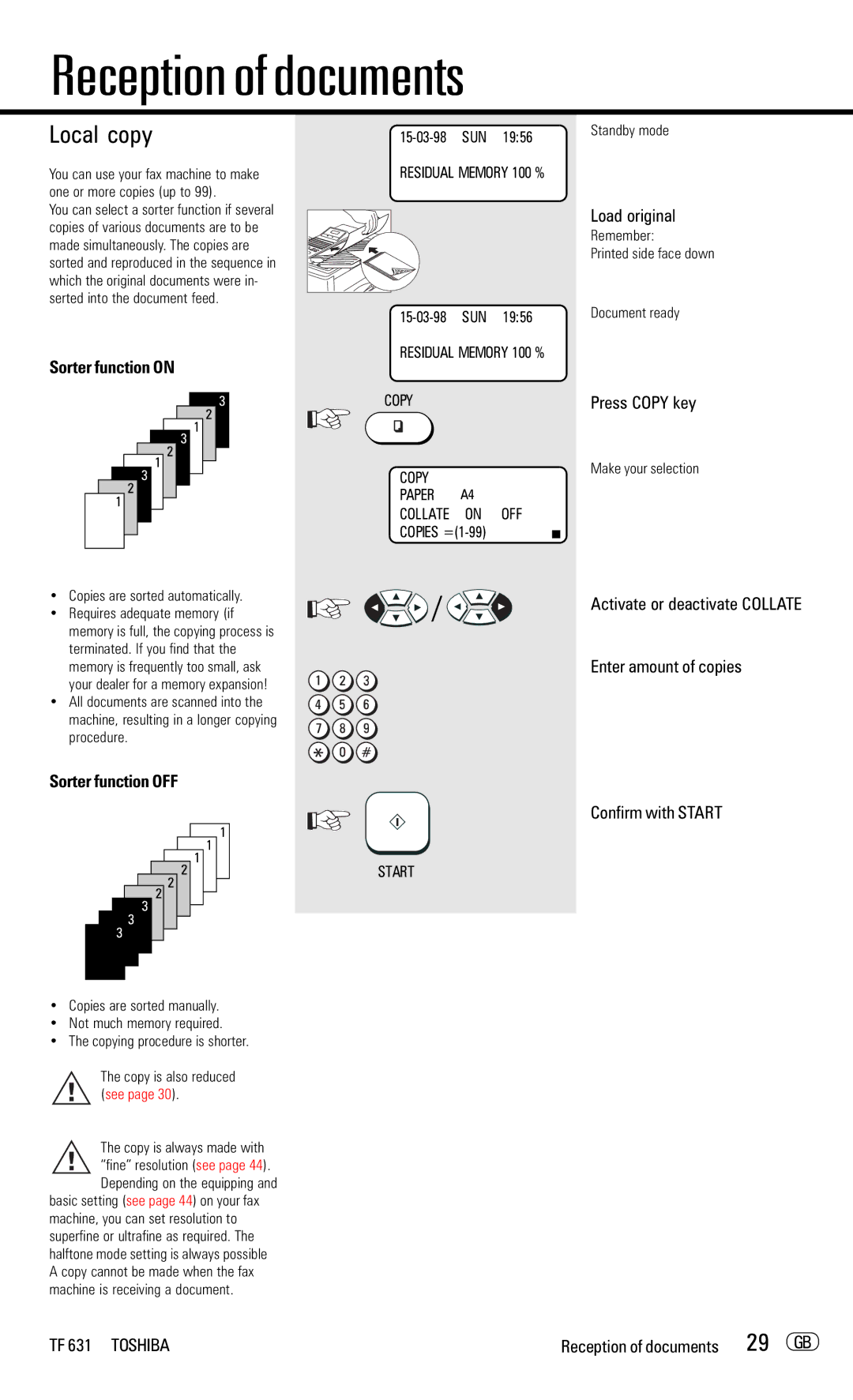 Toshiba TF 631 manual Local copy, 29 GB, Sorter function on, Sorter function OFF 