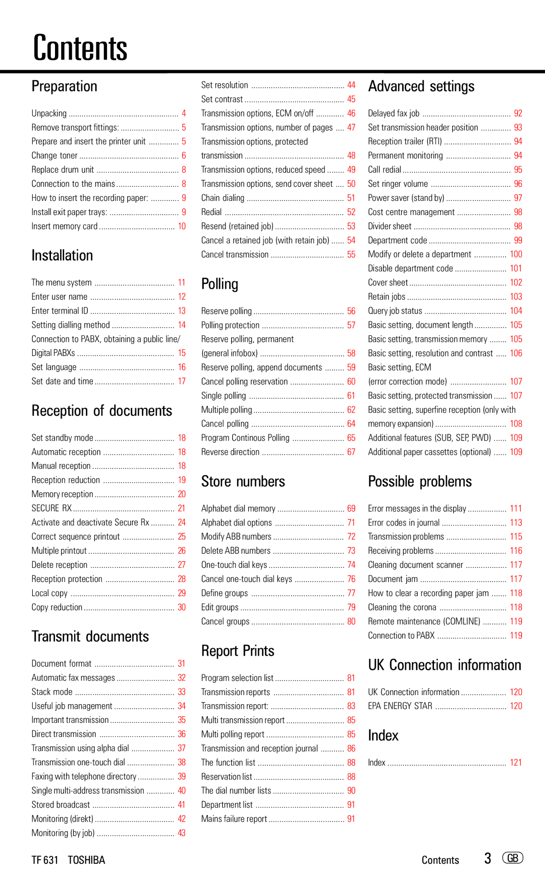 Toshiba TF 631 manual Contents 