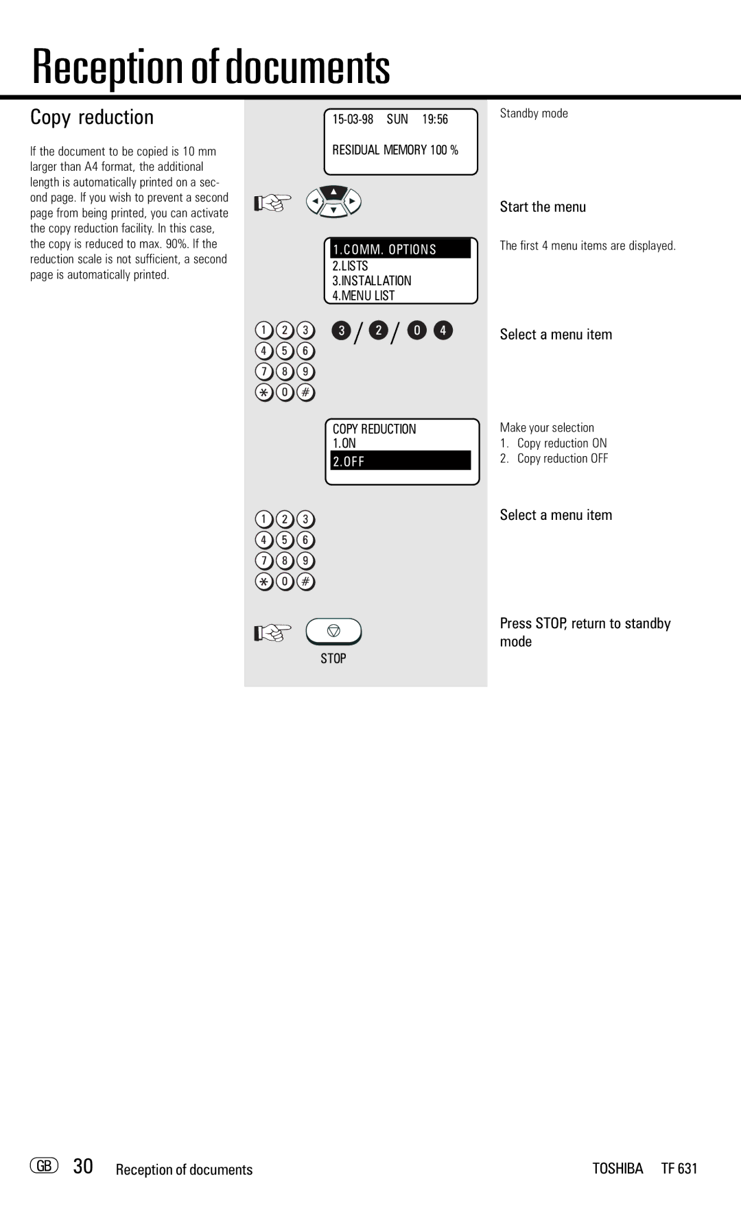 Toshiba TF 631 manual GB 30 Reception of documents, Make your selection Copy reduction on Copy reduction OFF 