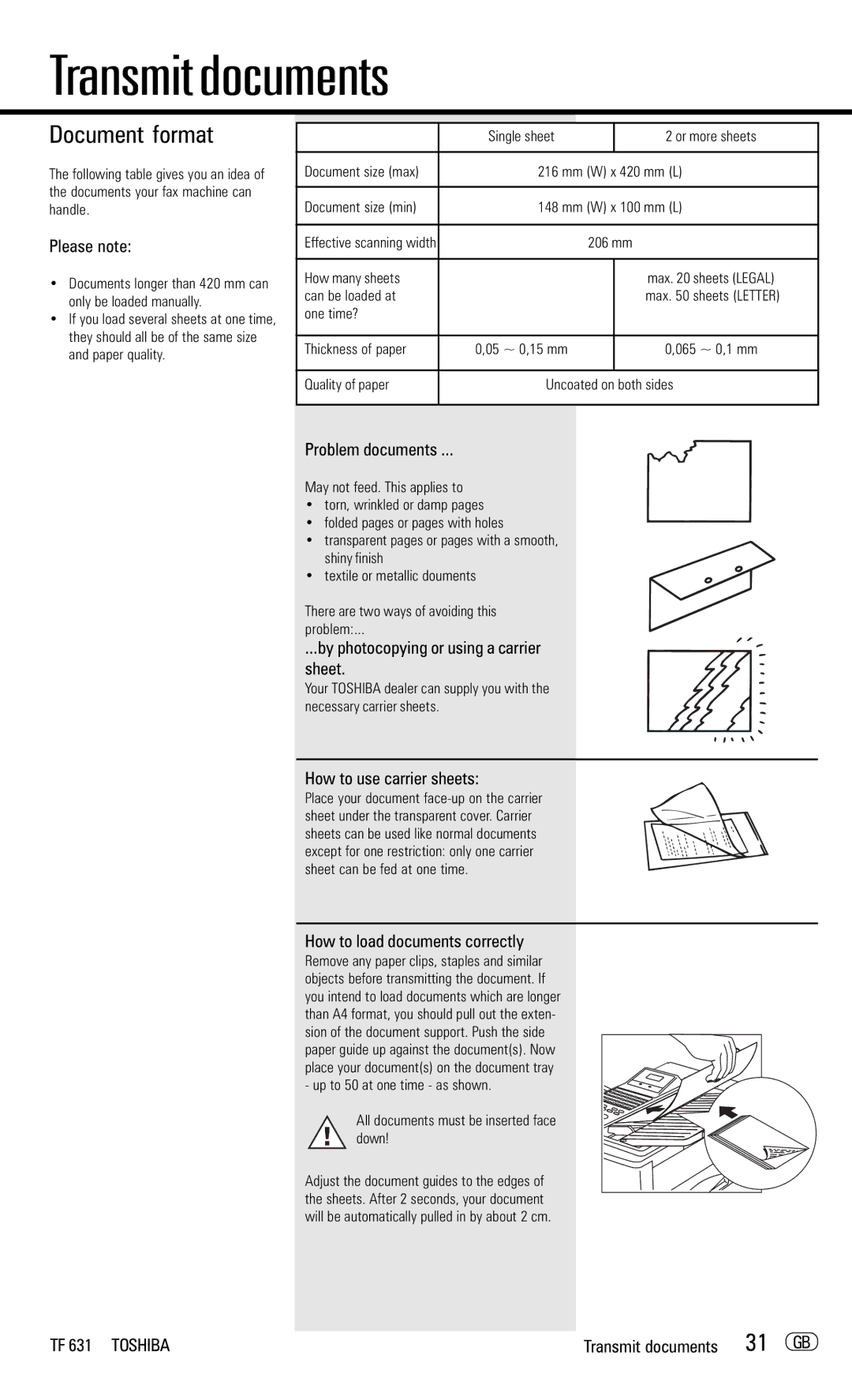 Toshiba TF 631 manual Transmit documents, Document format 