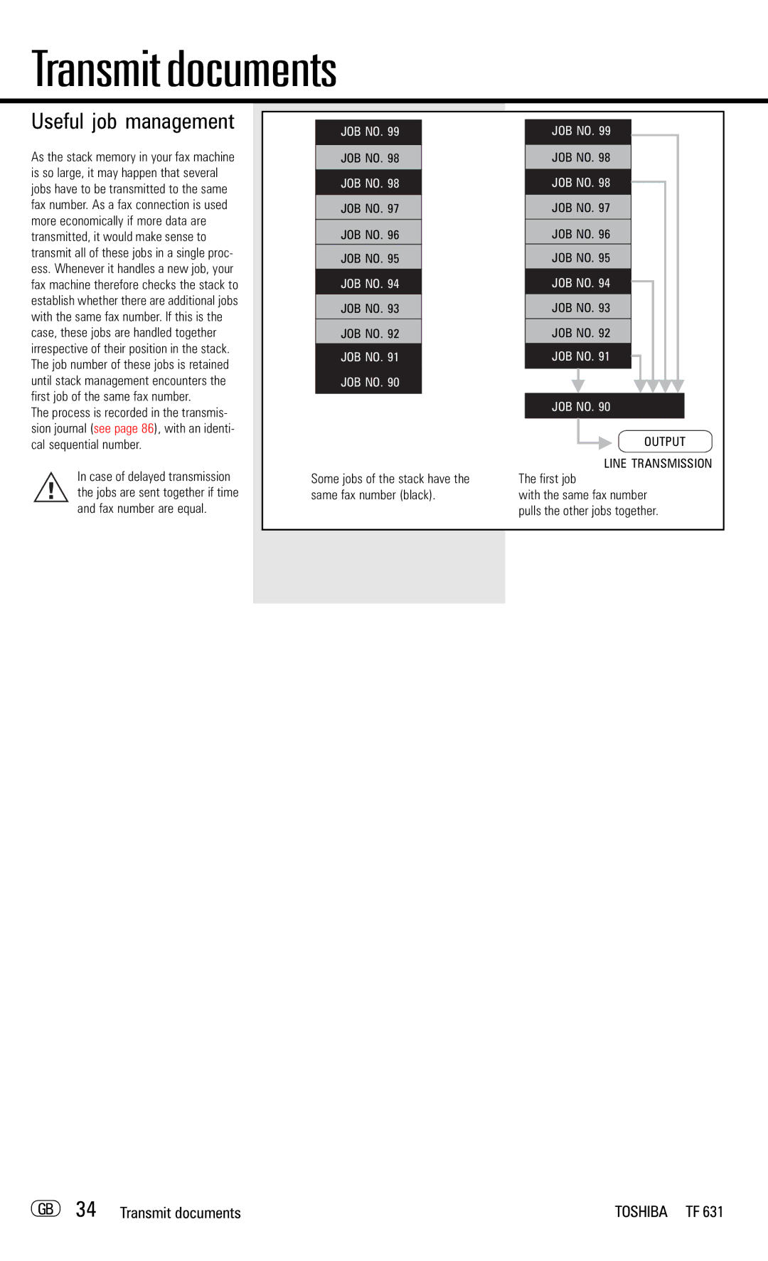 Toshiba TF 631 manual Useful job management, GB 34 Transmit documents, JOB no, First job 