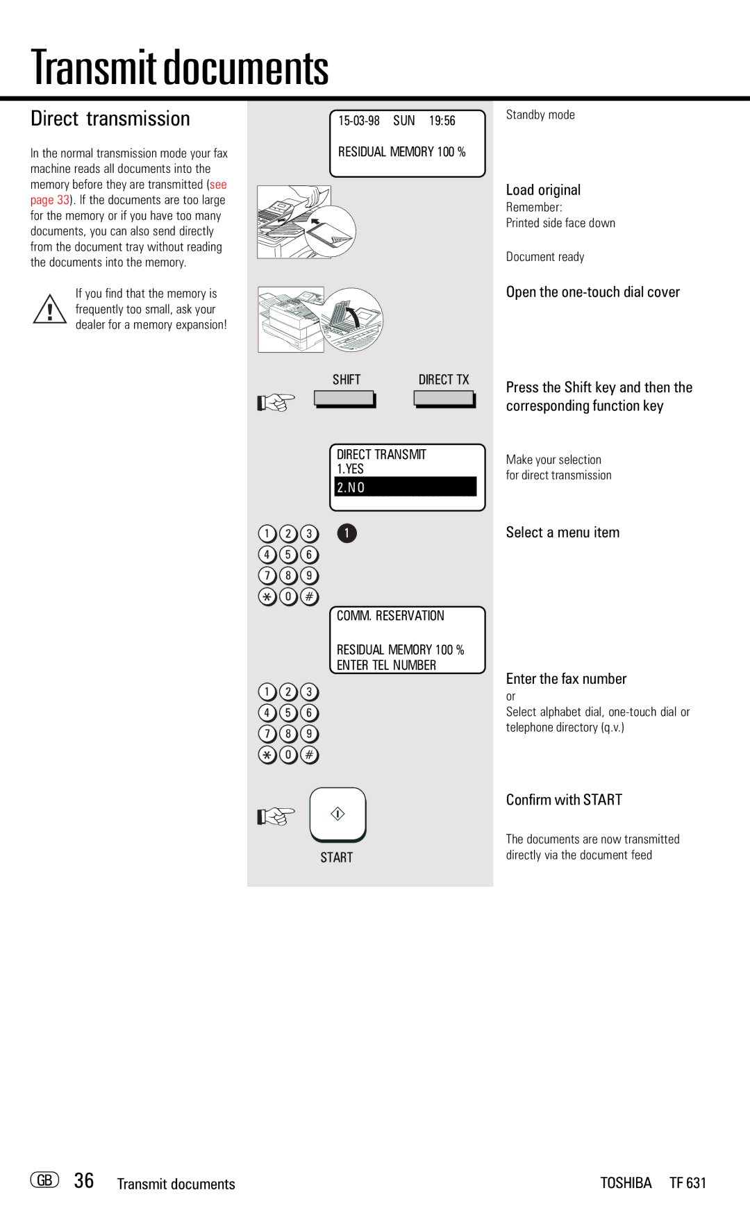 Toshiba TF 631 manual Direct transmission, Select a menu item Enter the fax number, GB 36 Transmit documents 