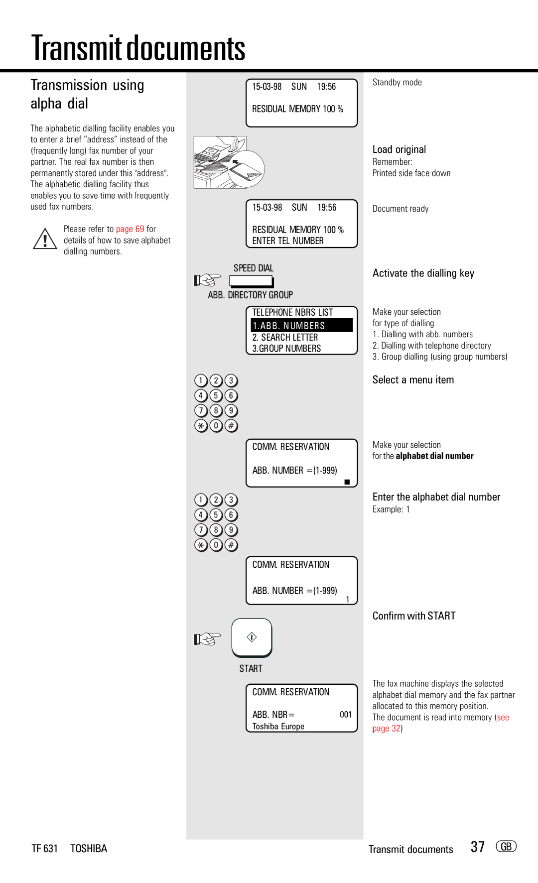 Toshiba TF 631 manual Transmission using alpha dial, Activate the dialling key, Enter the alphabet dial number 