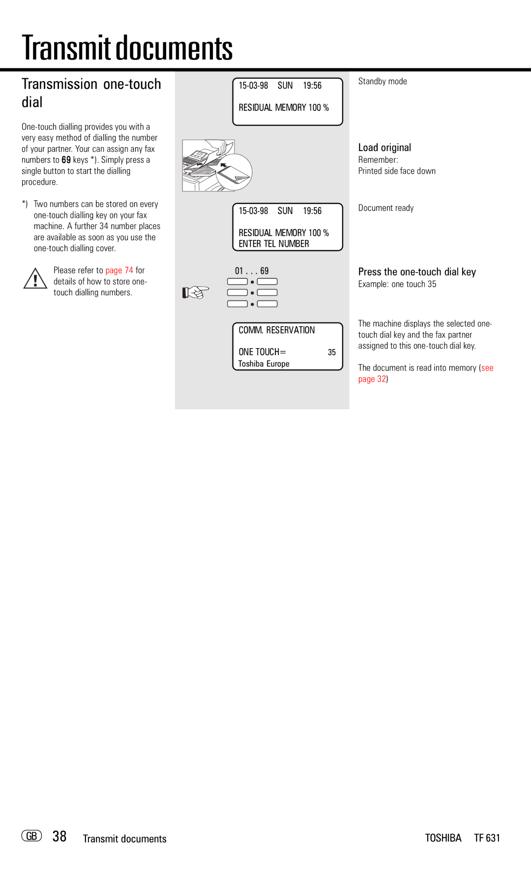 Toshiba TF 631 Transmission one-touch dial, Press the one-touch dial key, GB 38 Transmit documents, Example one touch 