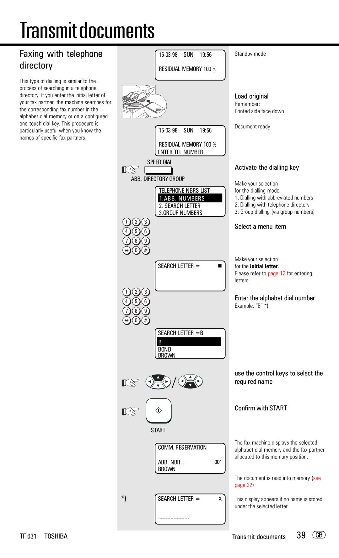 Toshiba TF 631 manual Faxing with telephone directory, Transmit documents 39 GB, 001, Example B 