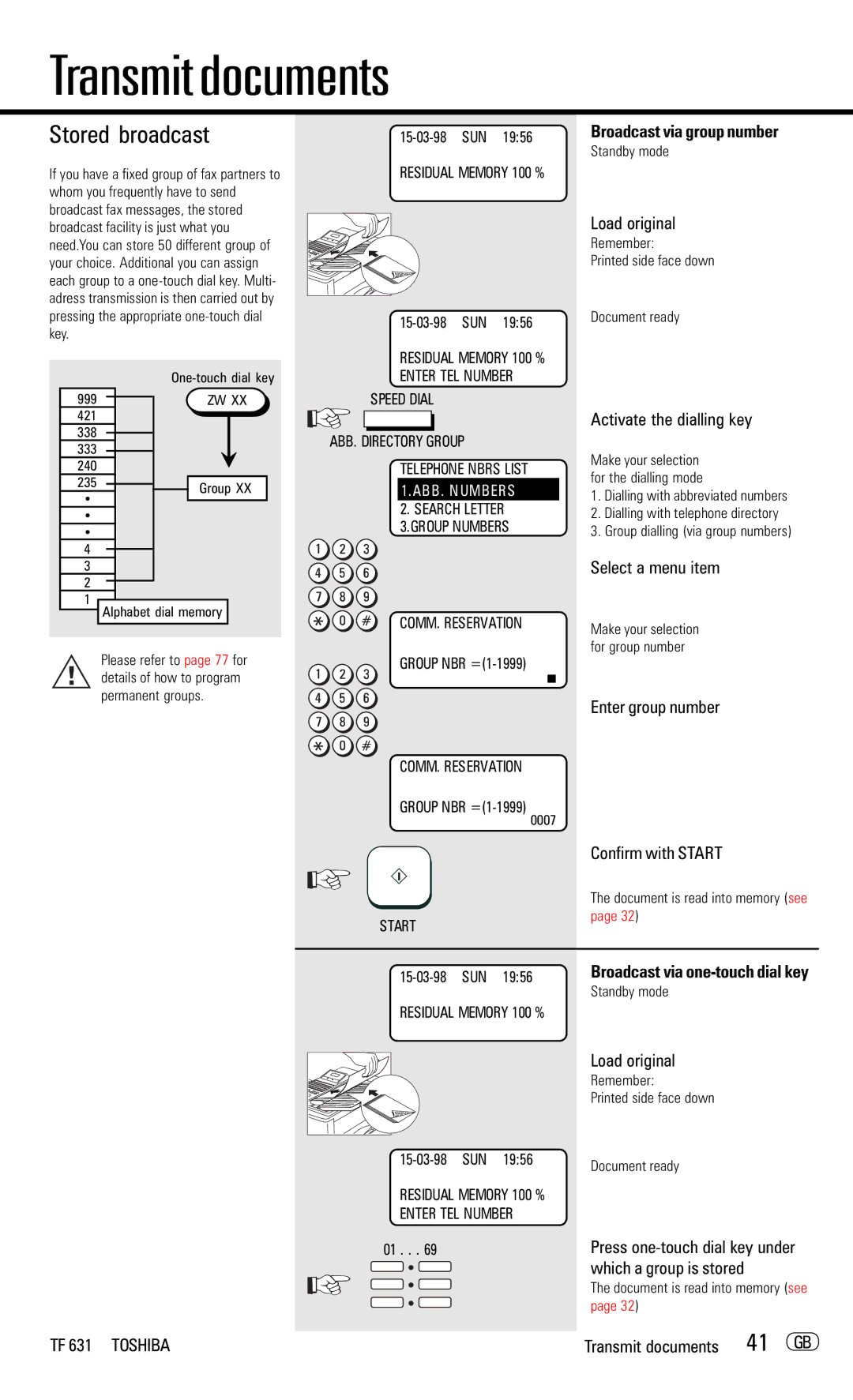 Toshiba TF 631 manual Stored broadcast, Enter group number Confirm with Start, SUN 1956 Broadcast via one-touch dial key 