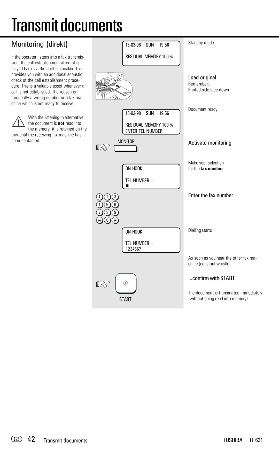 Toshiba TF 631 manual Monitoring direkt, Activate monitoring, GB 42 Transmit documents, 1234567 